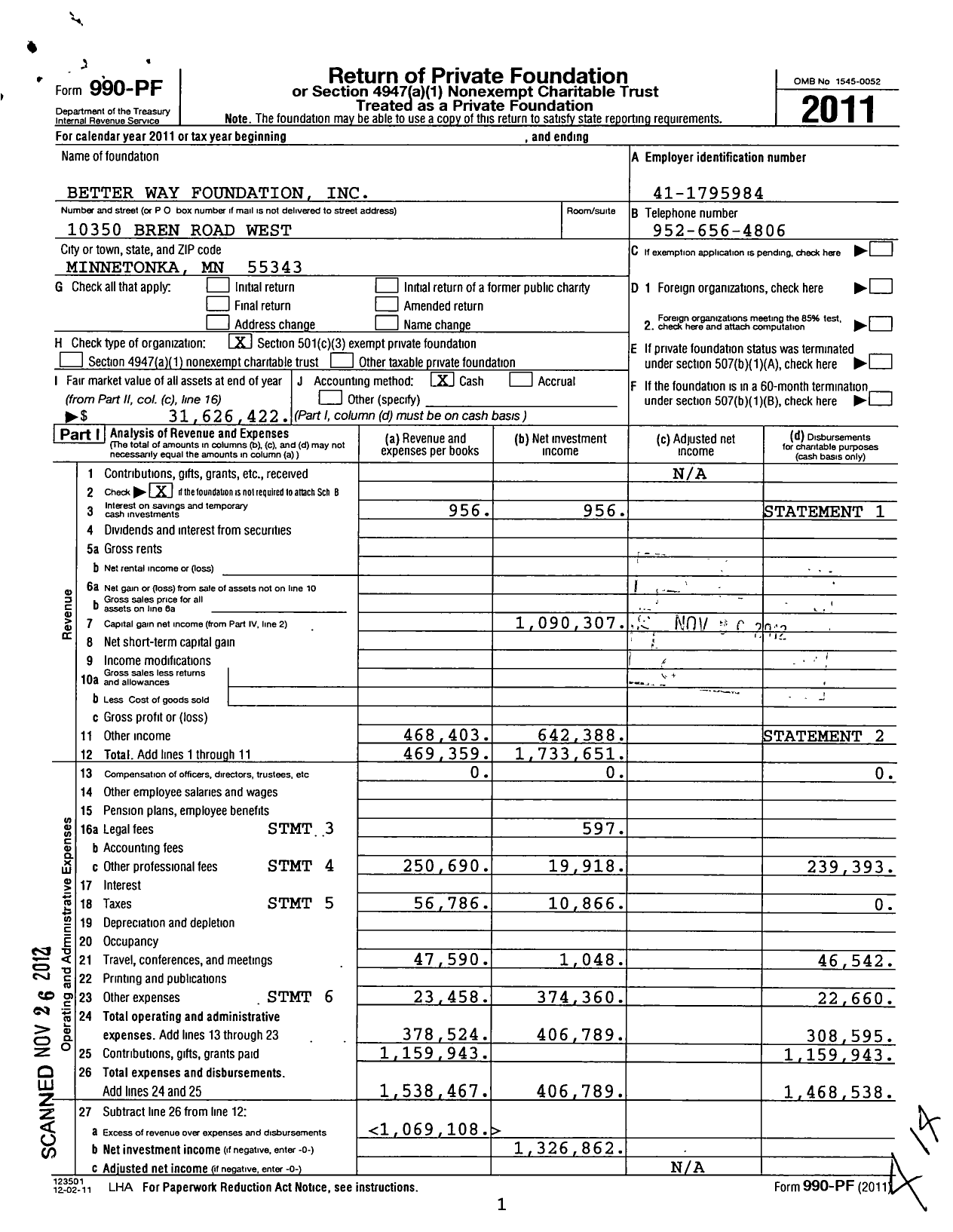 Image of first page of 2011 Form 990PF for Better Way Foundation