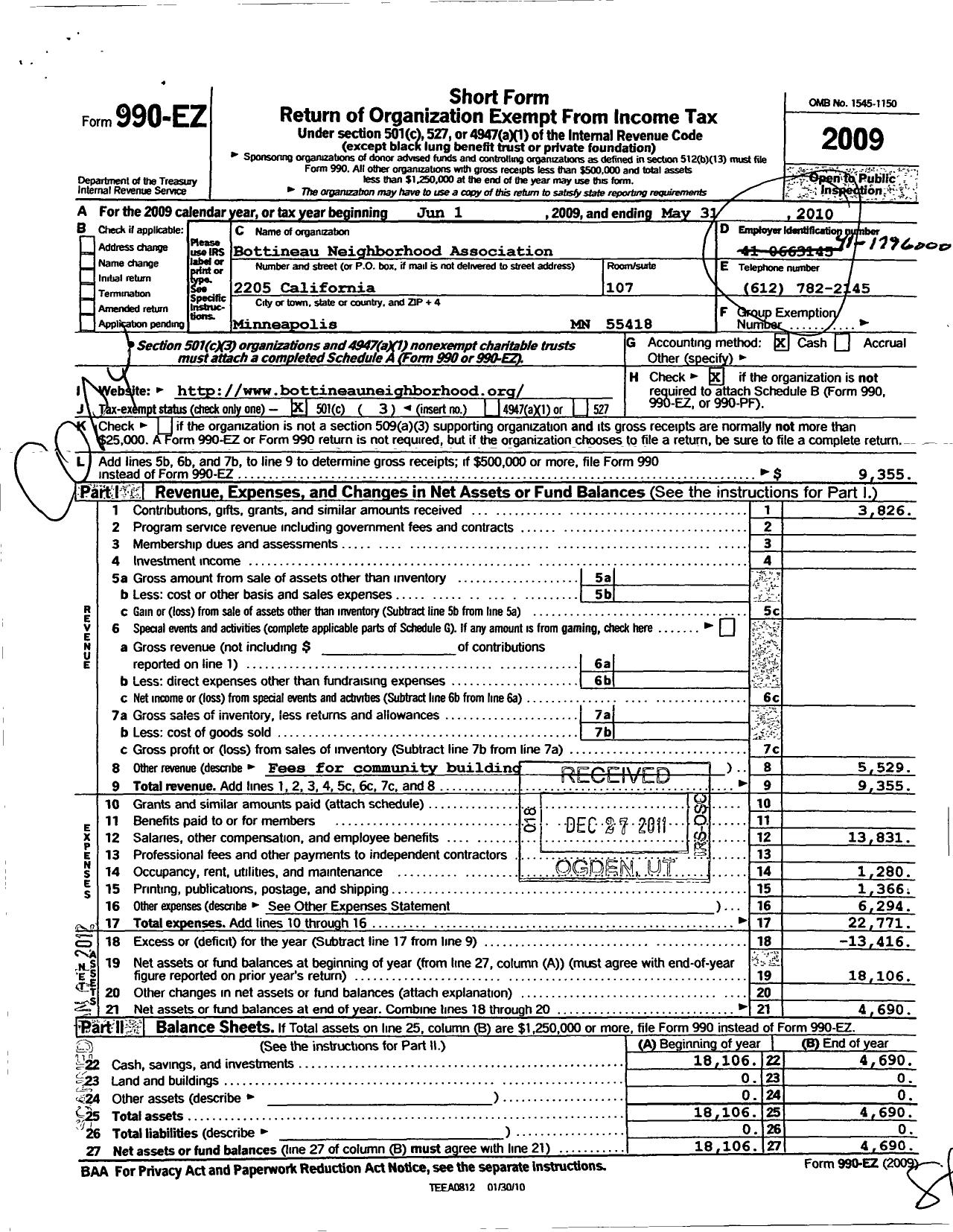 Image of first page of 2009 Form 990EZ for Bottineau Neighborhood Association