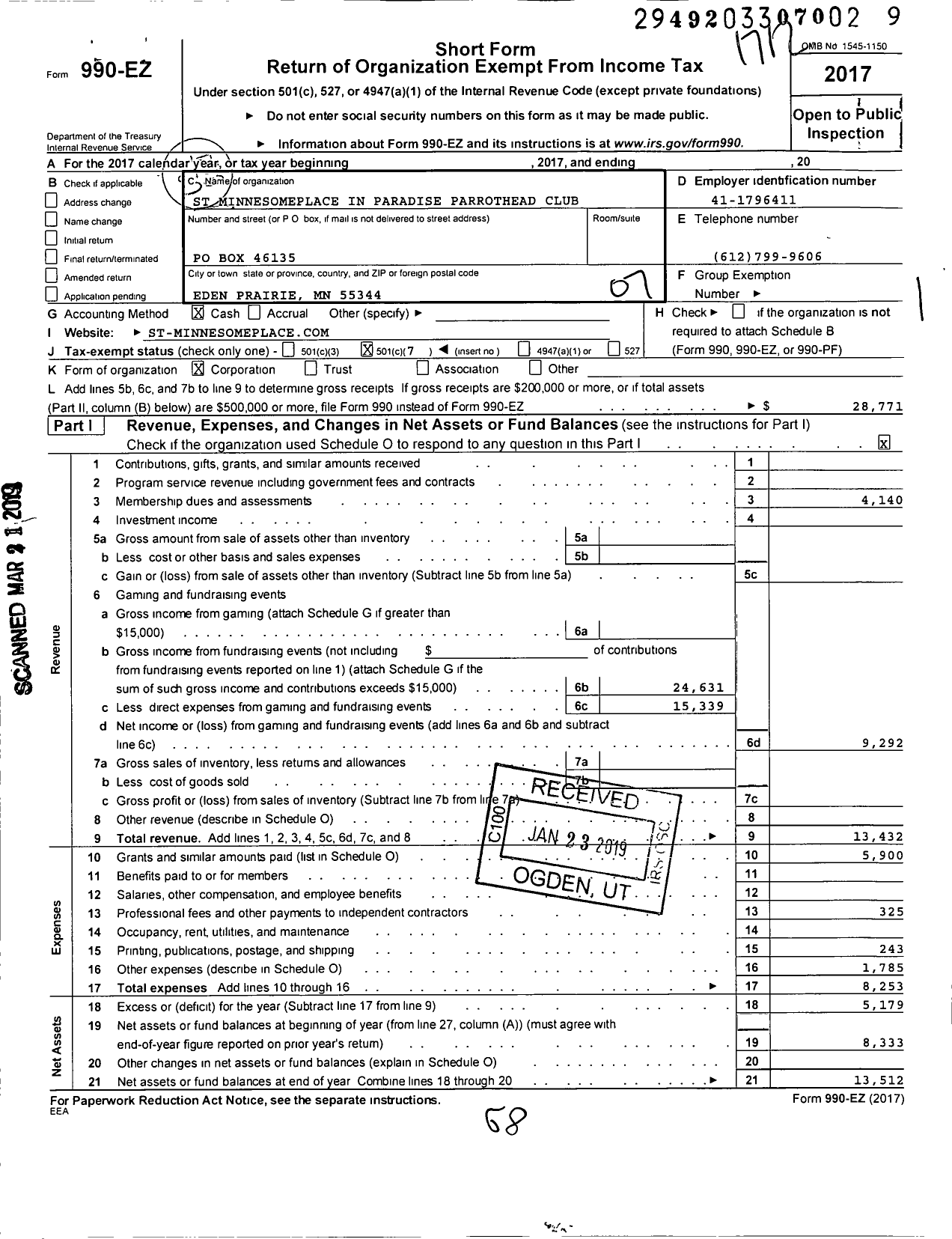 Image of first page of 2017 Form 990EO for St Minnesomeplace in Paradise Parrotthead Club