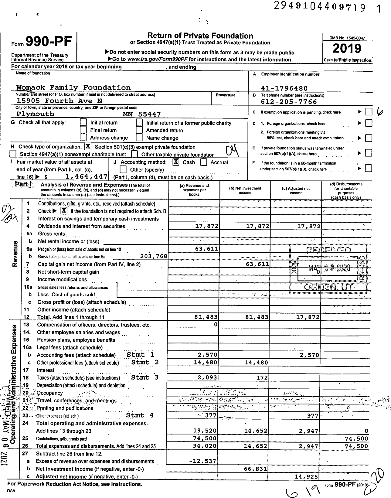 Image of first page of 2019 Form 990PF for Womack Family Foundation