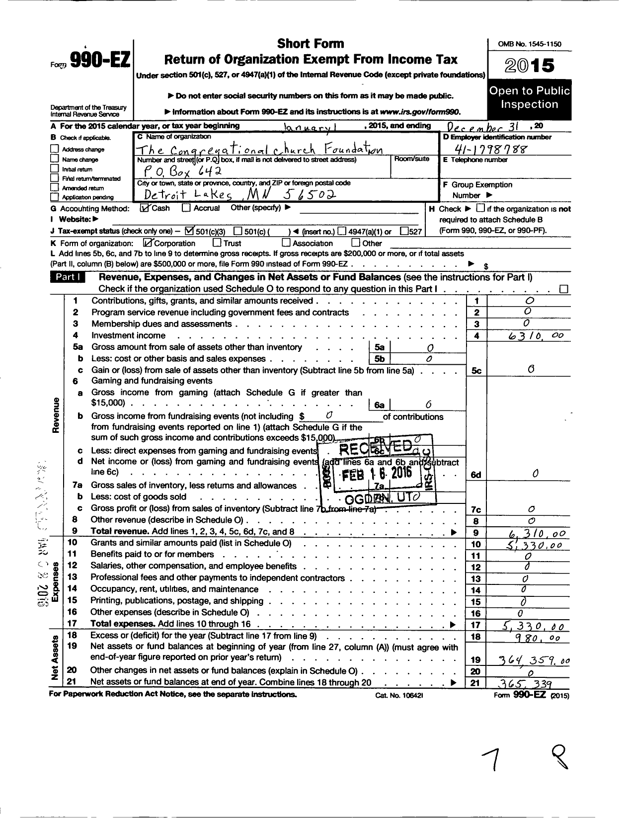 Image of first page of 2015 Form 990EZ for The Congregational Church Foundation of Detroit Lakes