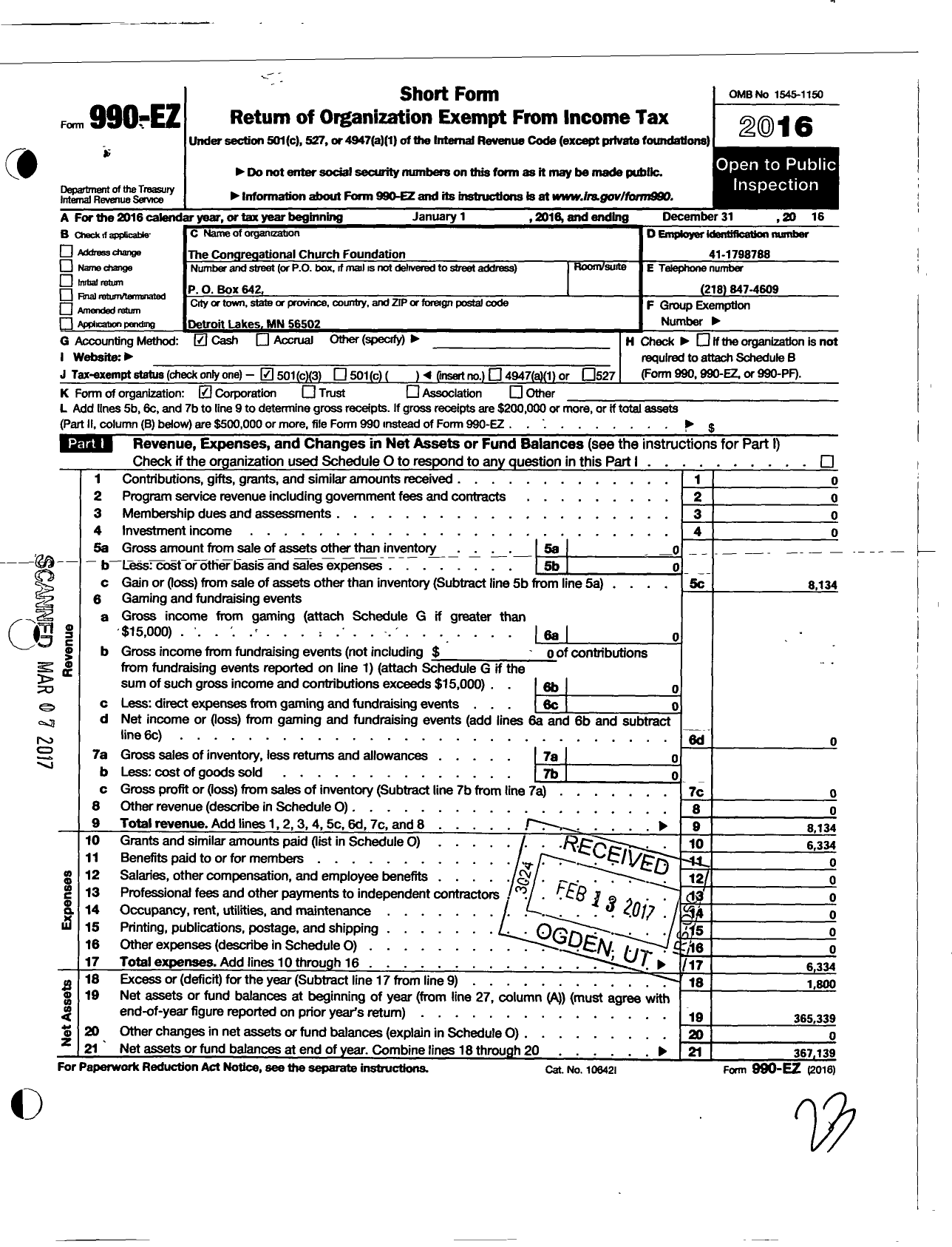 Image of first page of 2016 Form 990EZ for The Congregational Church Foundation of Detroit Lakes