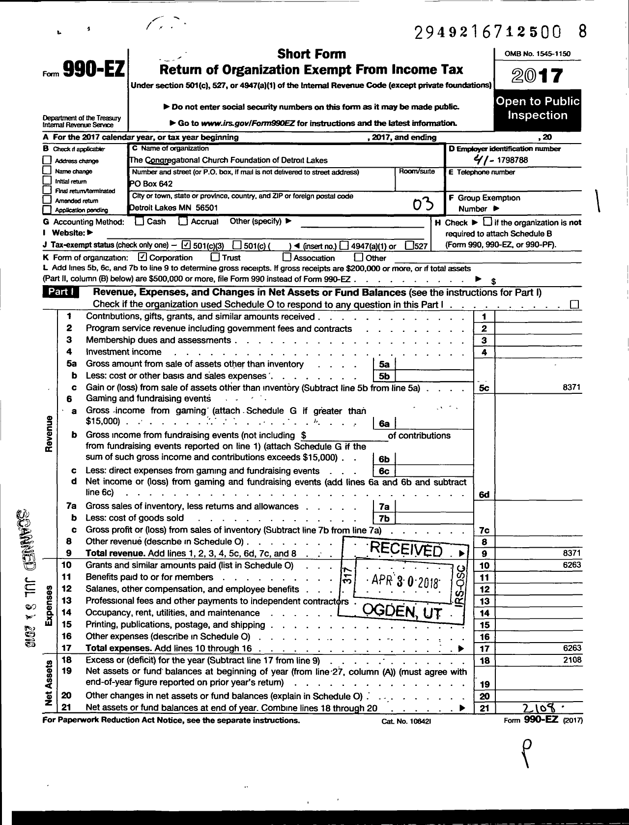 Image of first page of 2017 Form 990EZ for The Congregational Church Foundation of Detroit Lakes