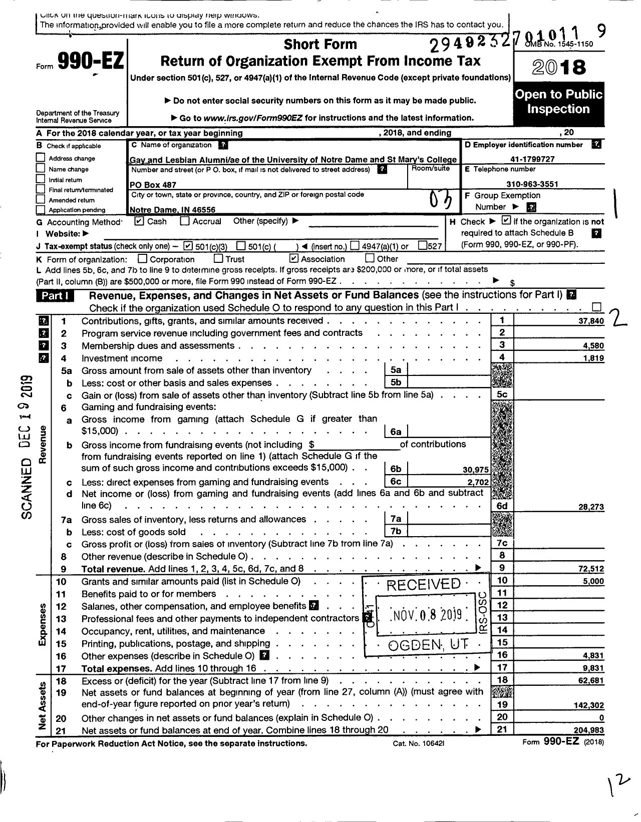 Image of first page of 2018 Form 990EZ for Gay and Lesbian Alumni Ae of the University of Notre Dame