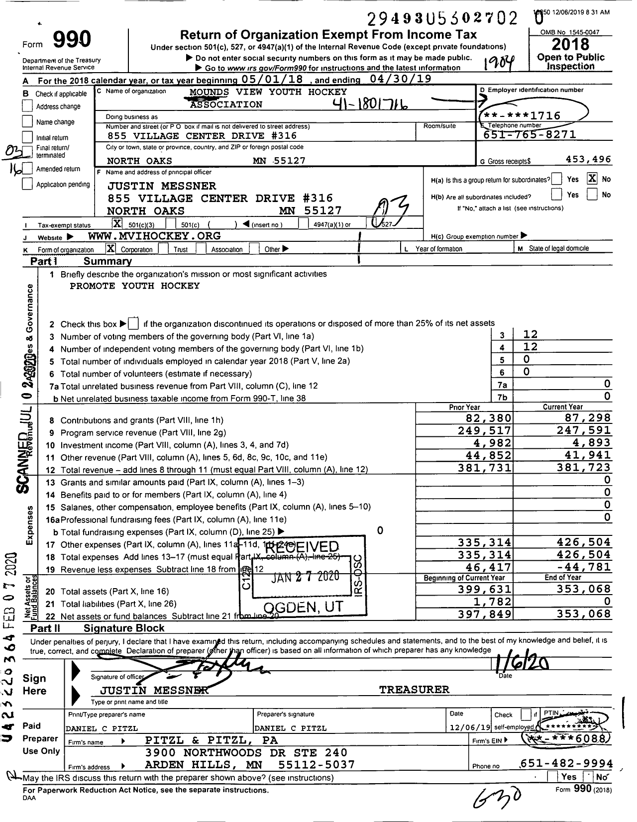 Image of first page of 2018 Form 990 for Mounds View Youth Hockey Association