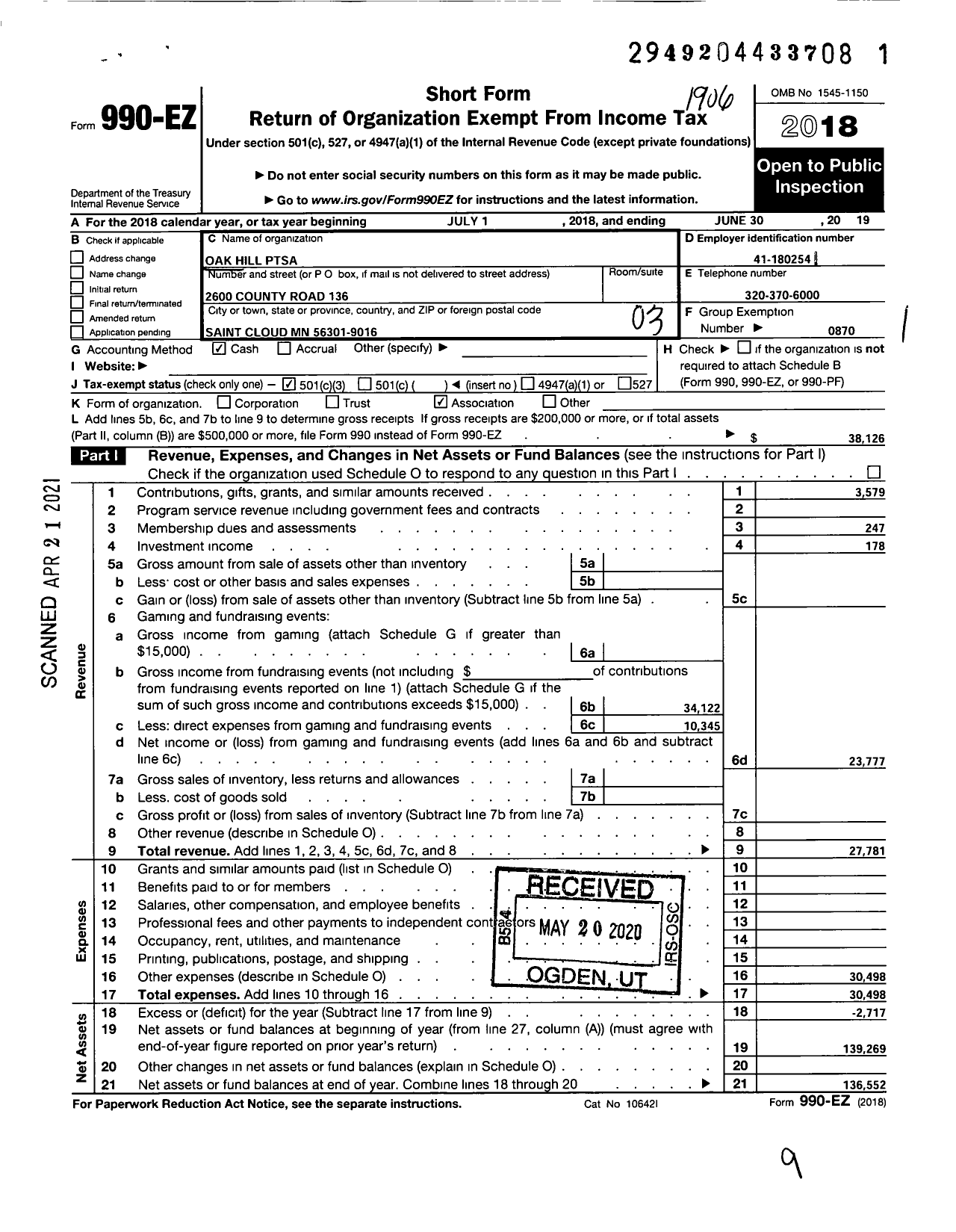 Image of first page of 2018 Form 990EZ for Minnesota Congress of Parents and Teachers / Oak Hill Ptsa