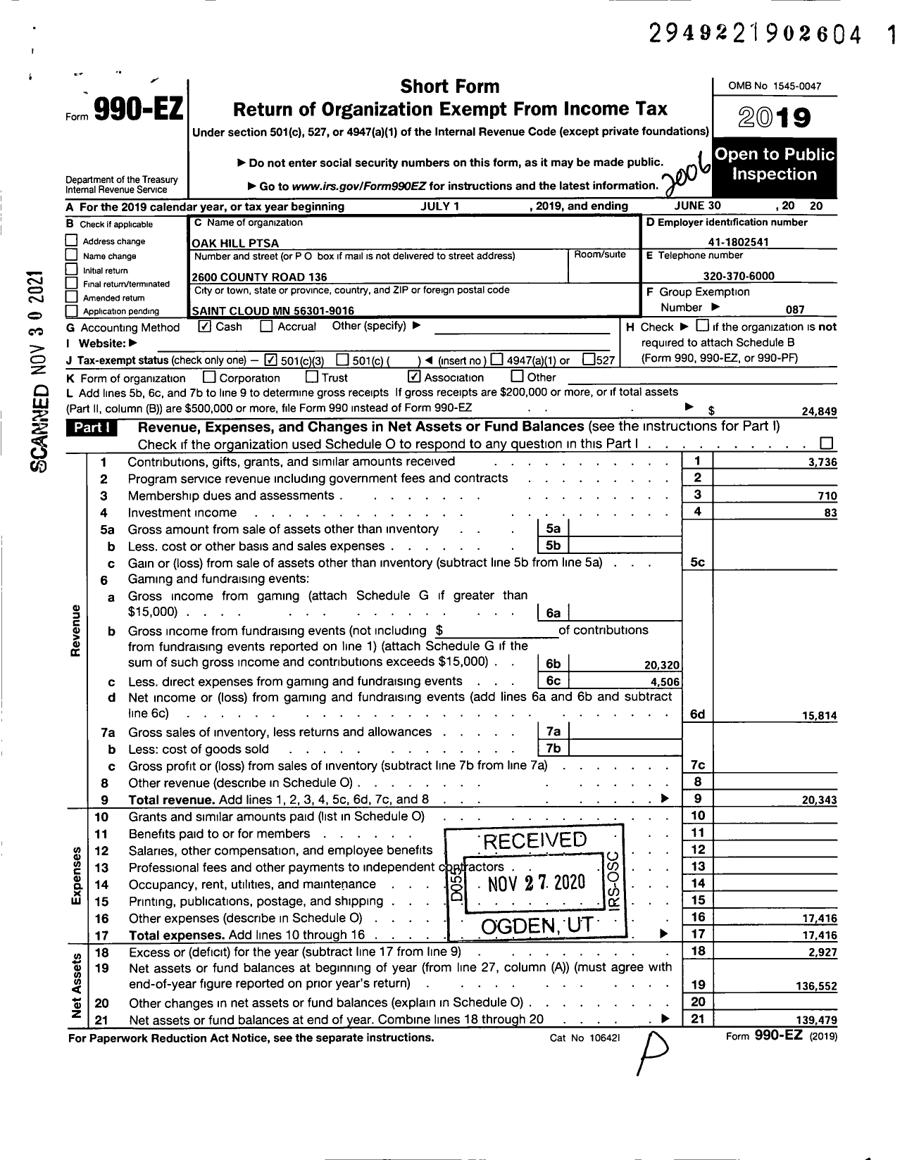 Image of first page of 2019 Form 990EZ for Minnesota Congress of Parents and Teachers / Oak Hill Ptsa