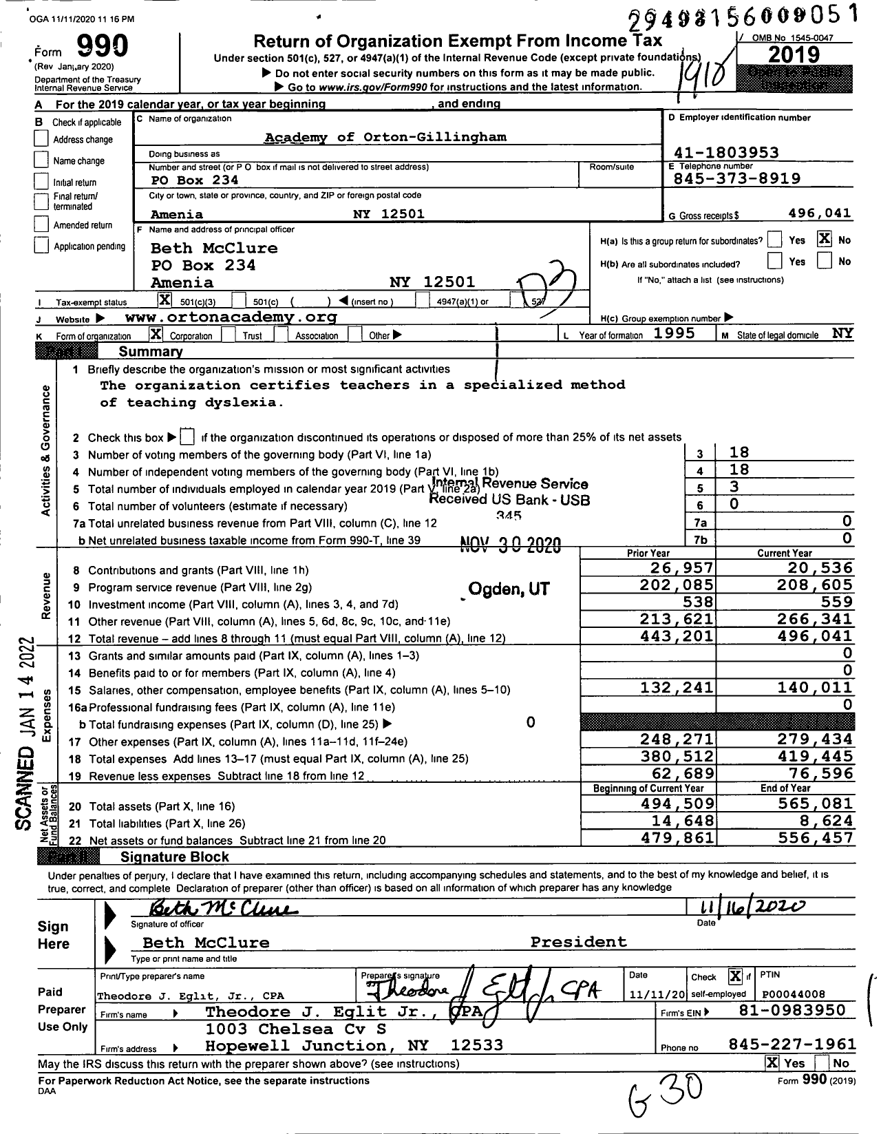 Image of first page of 2019 Form 990 for Academy of Orton-Gillingham