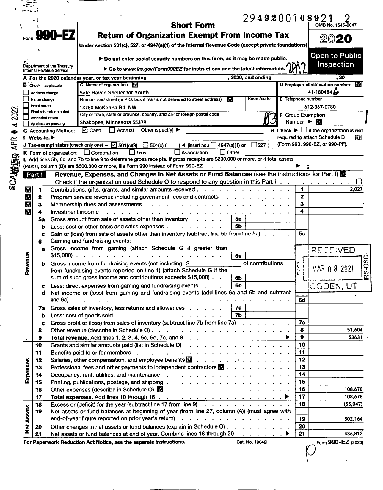 Image of first page of 2020 Form 990EZ for Safe Haven Shelter for Youth