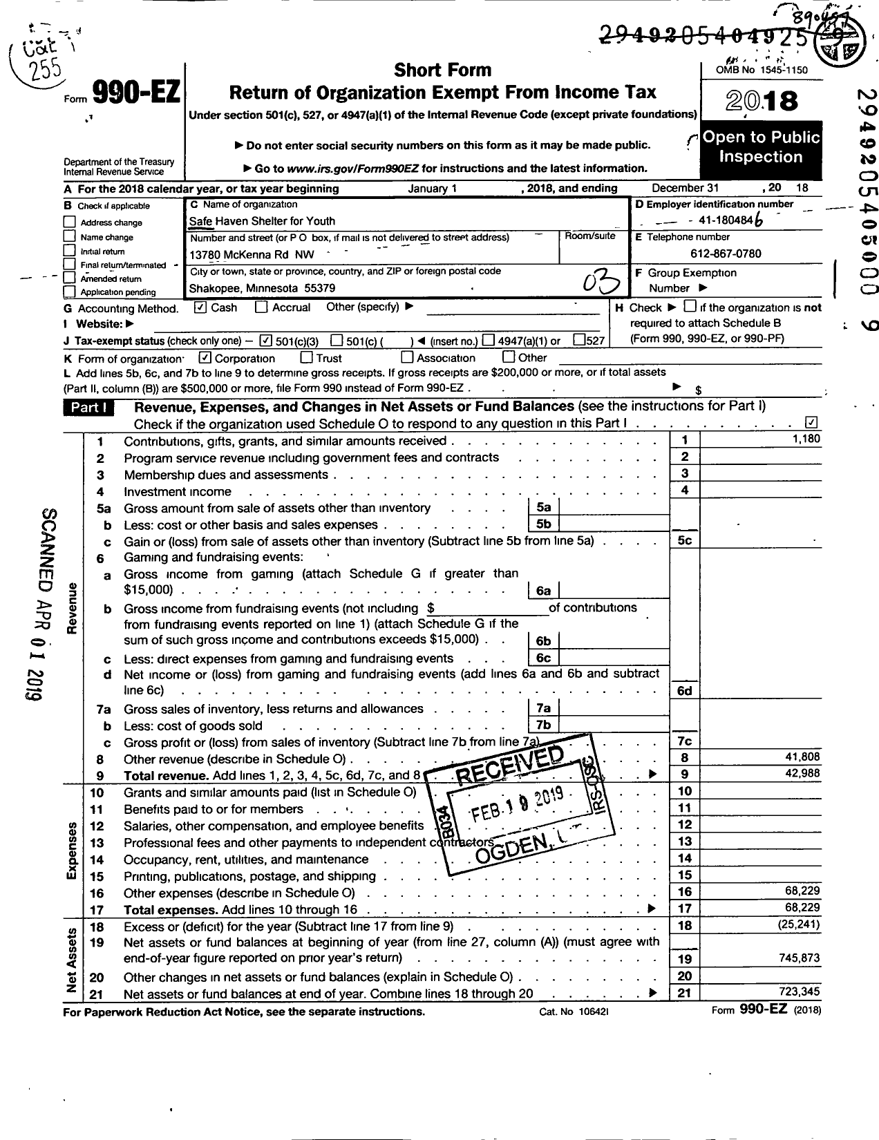 Image of first page of 2018 Form 990EZ for Safe Haven Shelter for Youth