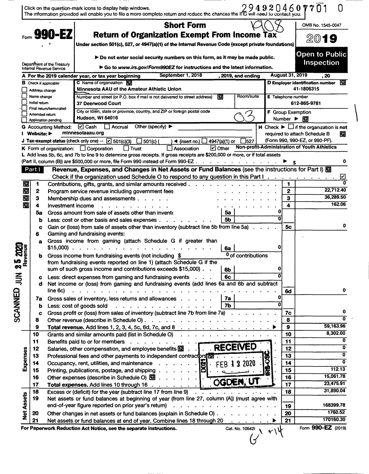 Image of first page of 2018 Form 990EZ for Amateur Athletic Union - Minnesota Aau