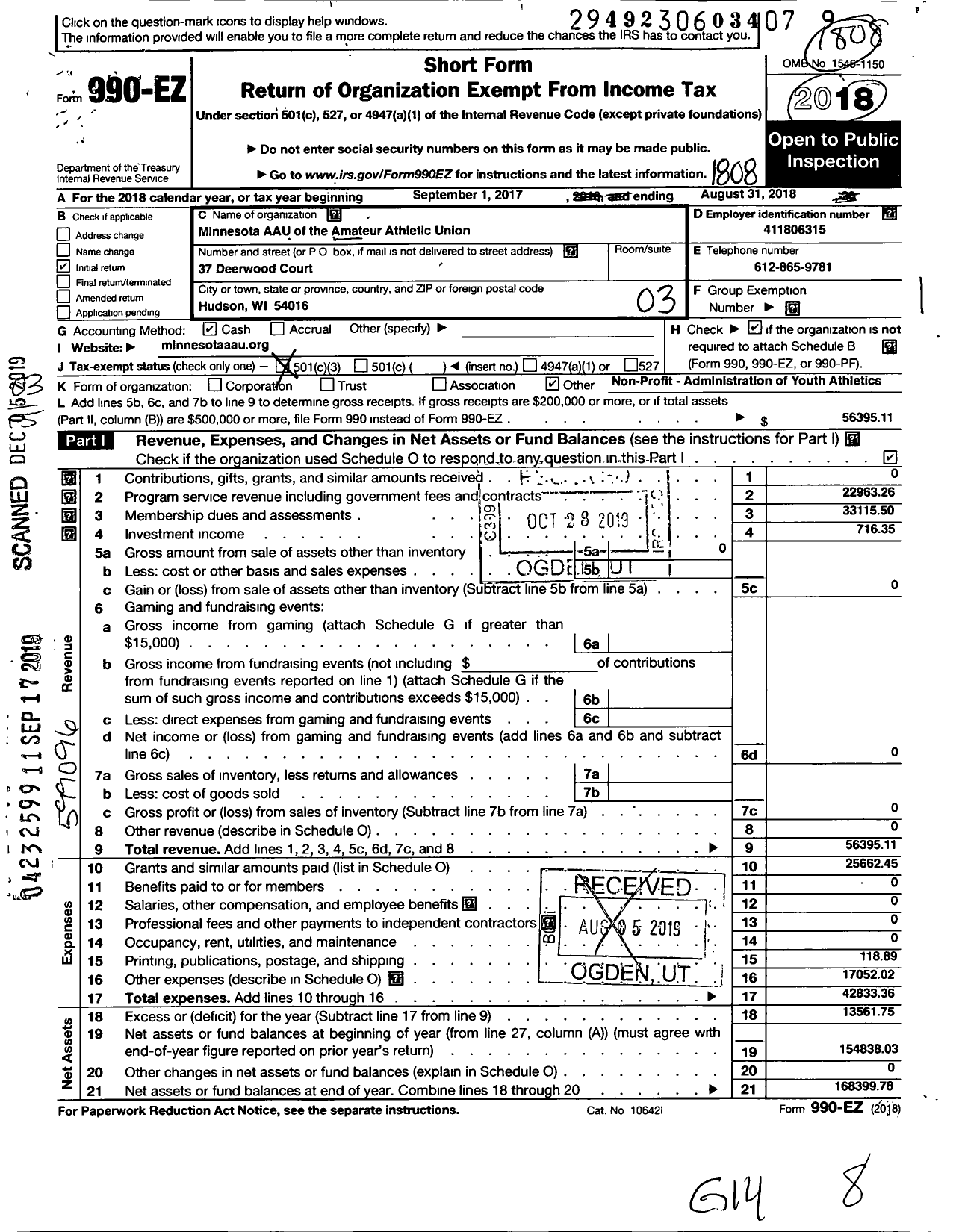 Image of first page of 2017 Form 990EZ for Amateur Athletic Union - Minnesota Aau