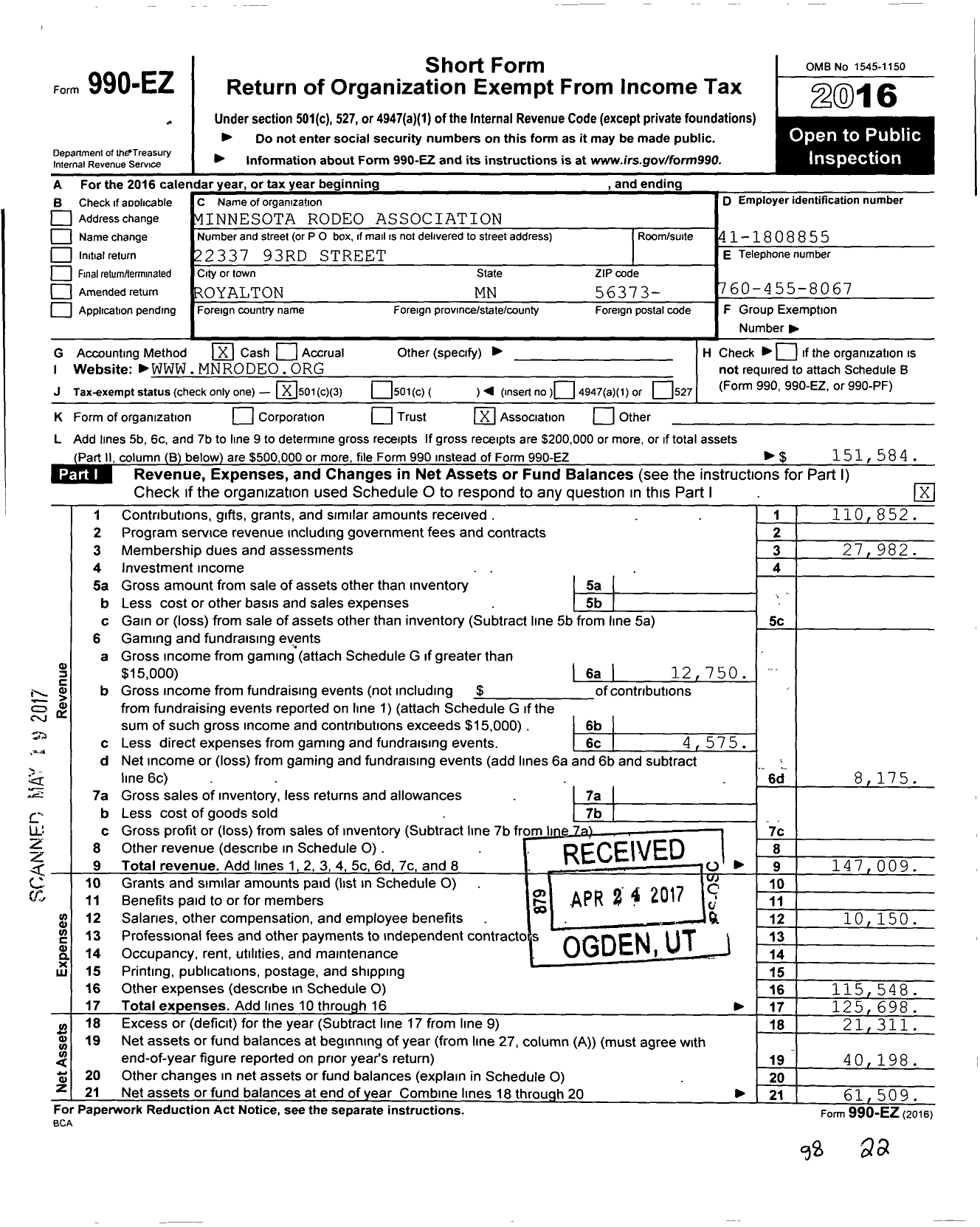 Image of first page of 2016 Form 990EZ for Minnesota Rodeo Association