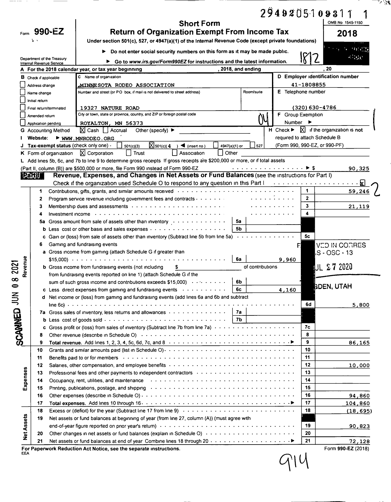 Image of first page of 2018 Form 990EO for Minnesota Rodeo Association