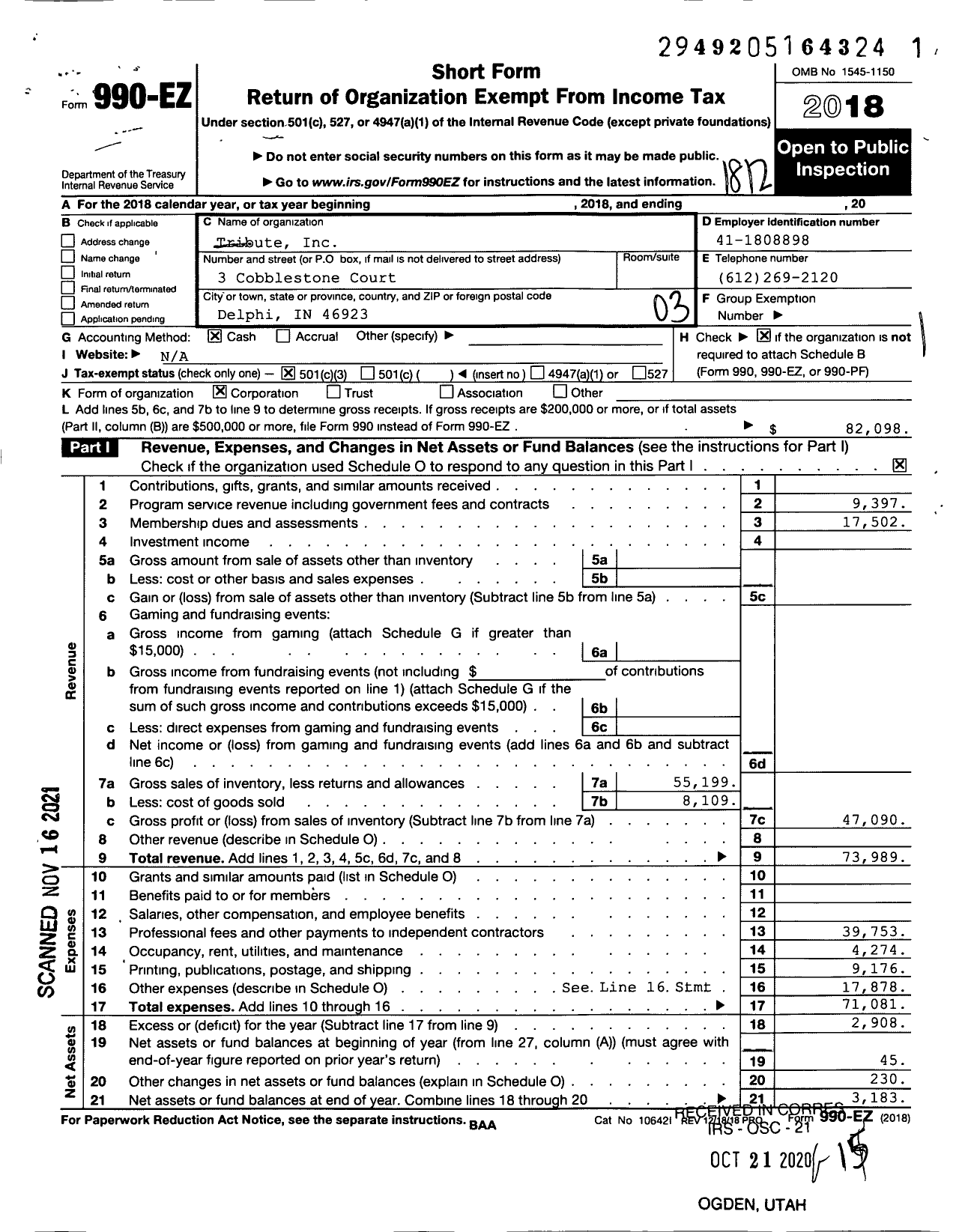 Image of first page of 2018 Form 990EZ for Tribute