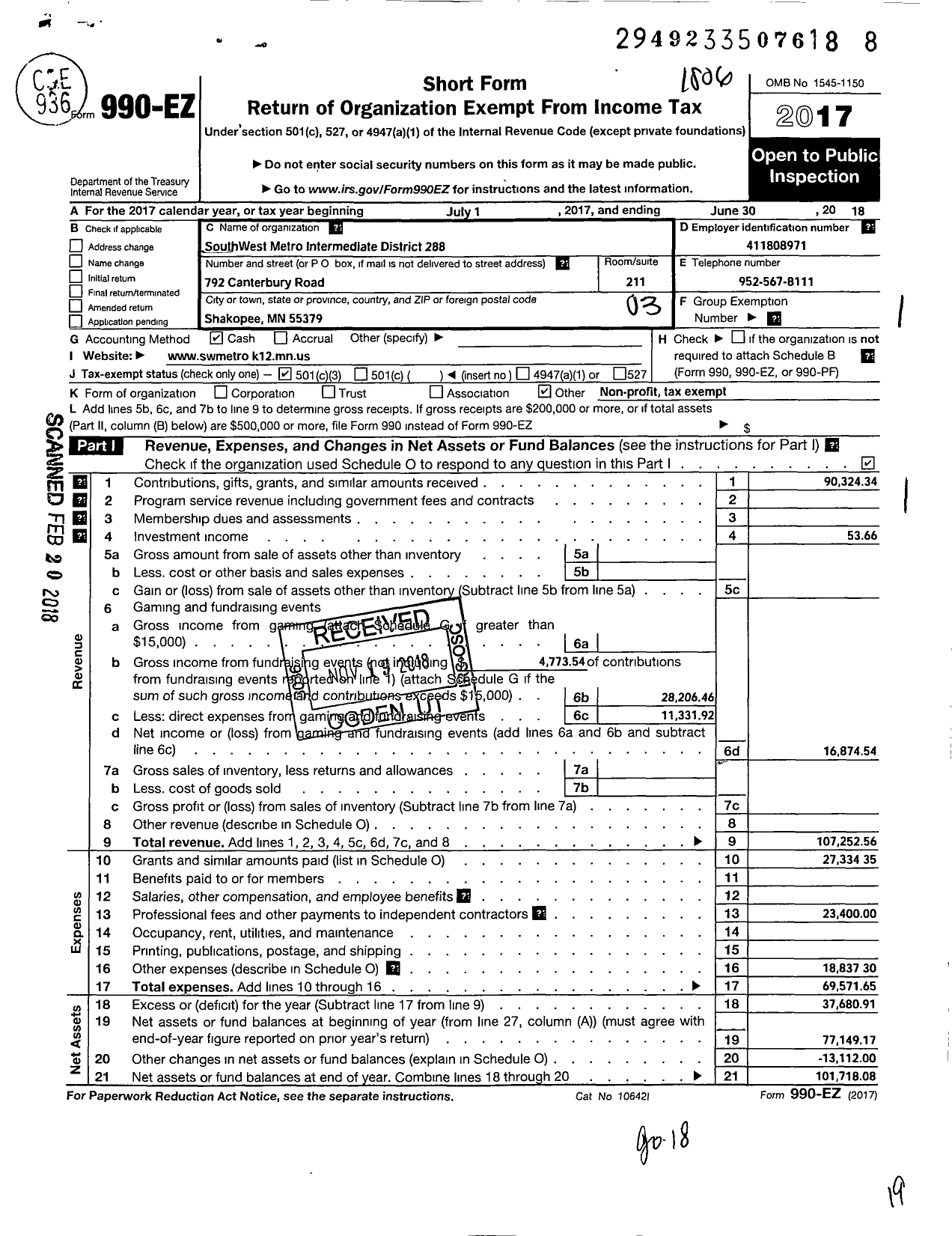 Image of first page of 2017 Form 990EZ for Southwest Metro Educational Foundation