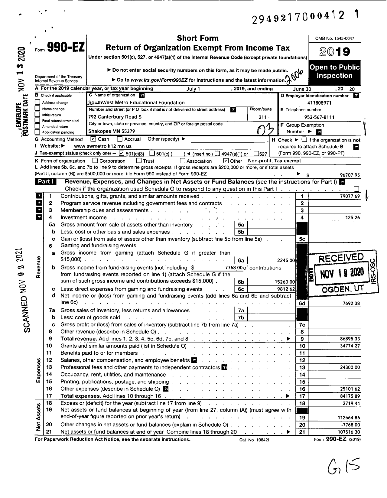 Image of first page of 2019 Form 990EZ for Southwest Metro Educational Foundation