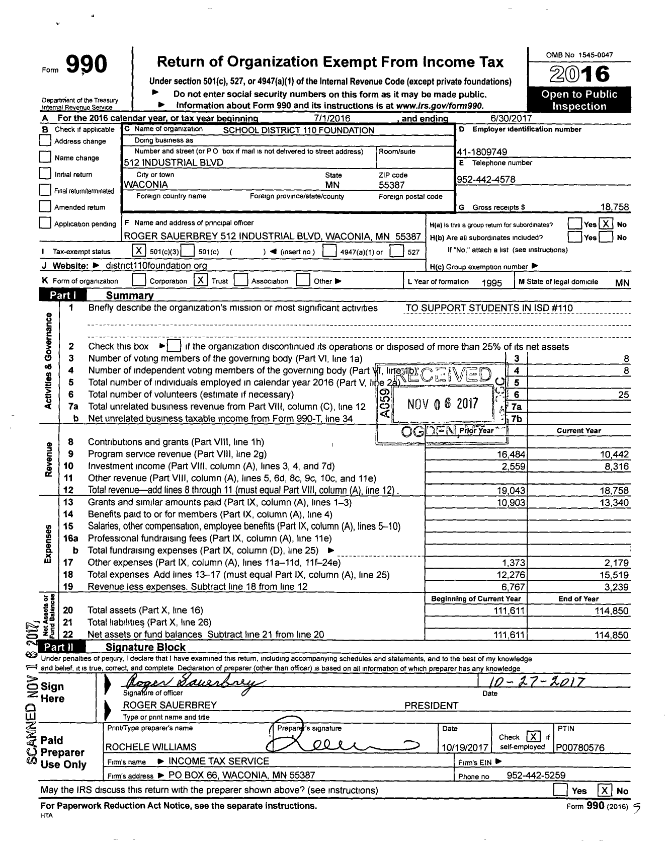 Image of first page of 2016 Form 990 for School District 110 Foundation