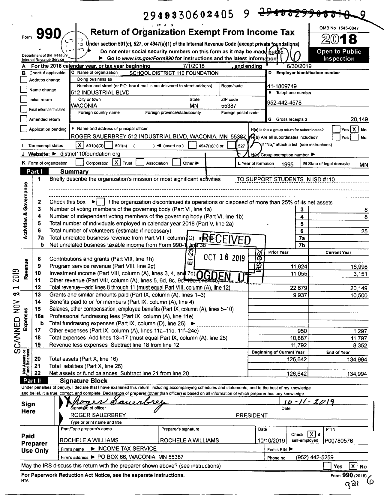 Image of first page of 2018 Form 990 for School District 110 Foundation