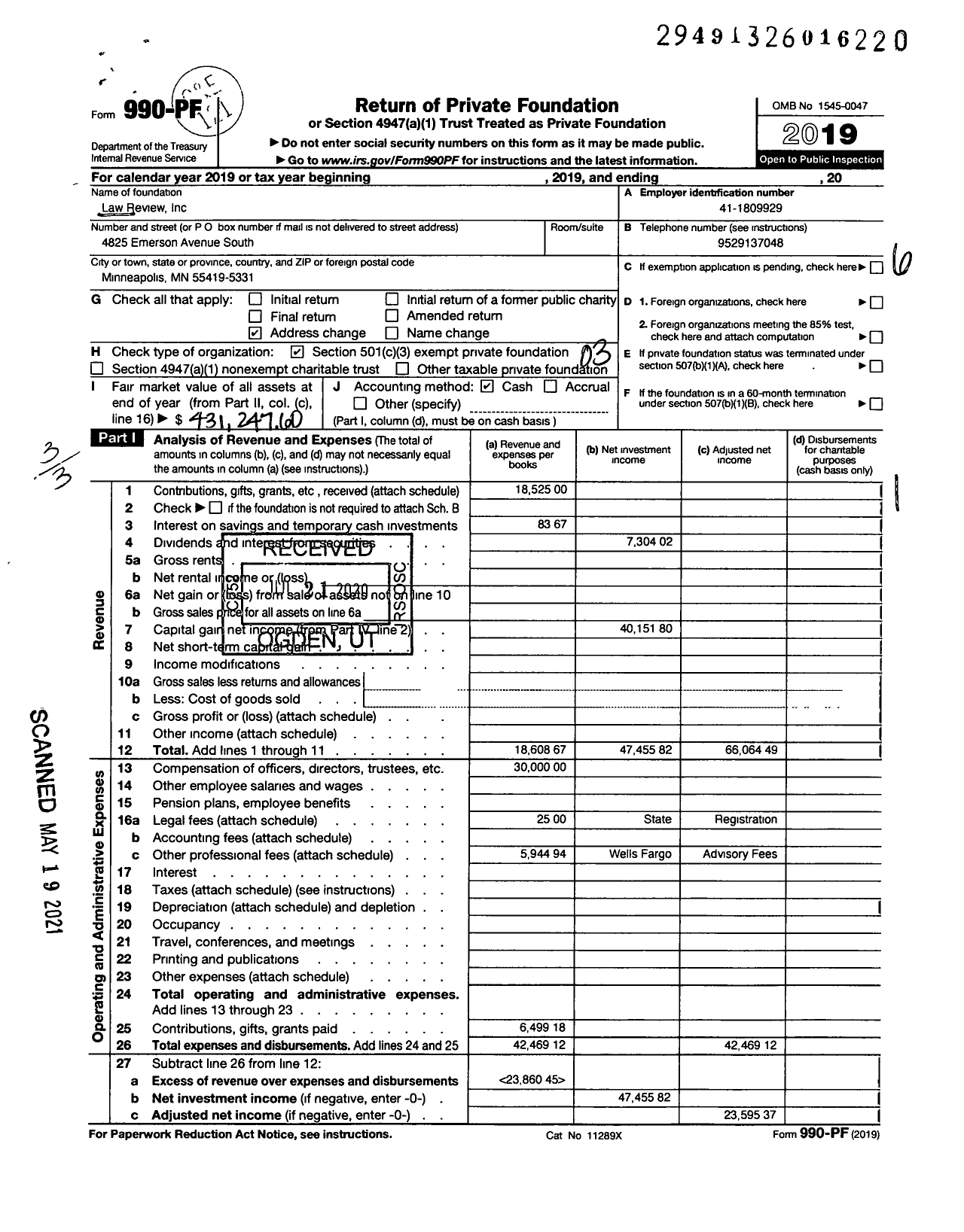 Image of first page of 2019 Form 990PF for Law Review