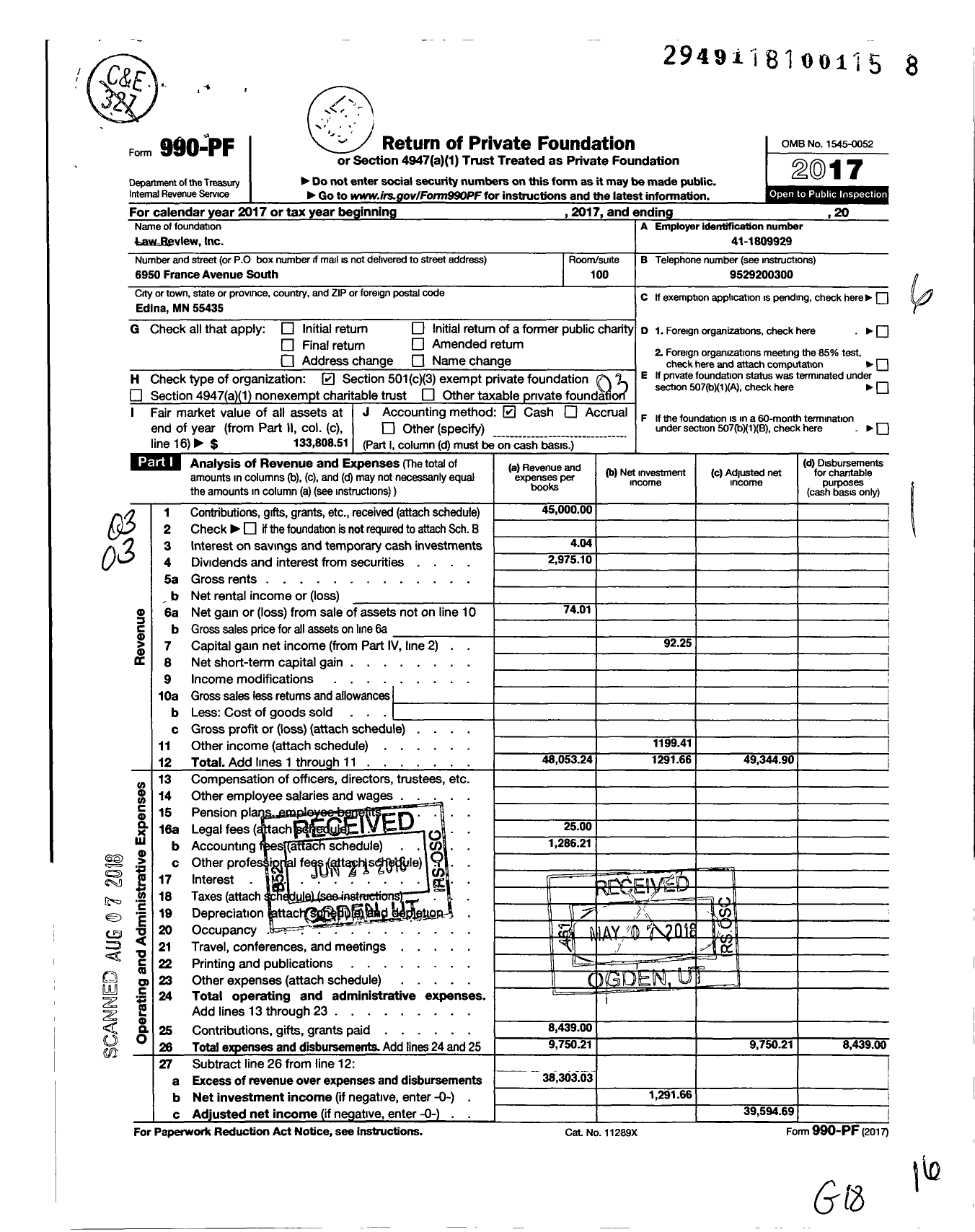 Image of first page of 2017 Form 990PF for Law Review