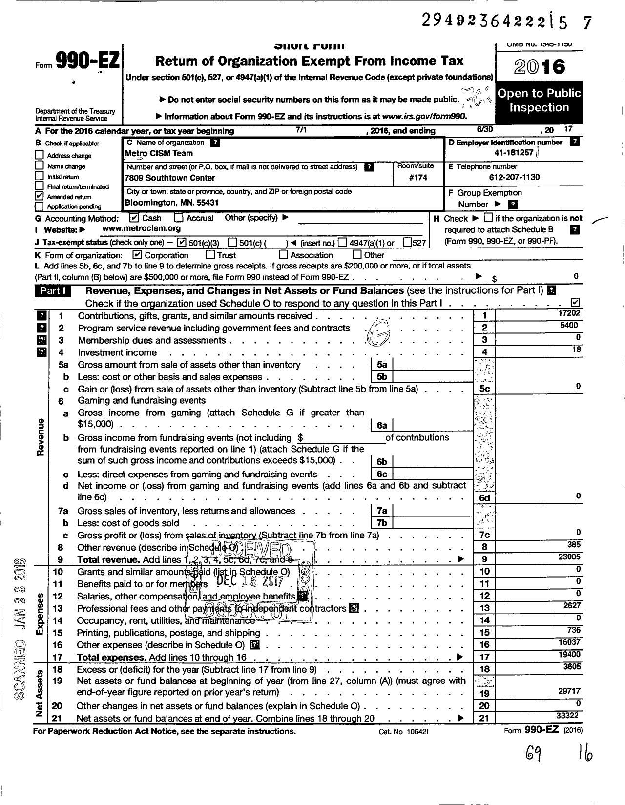 Image of first page of 2016 Form 990EZ for The Metro Cism Team