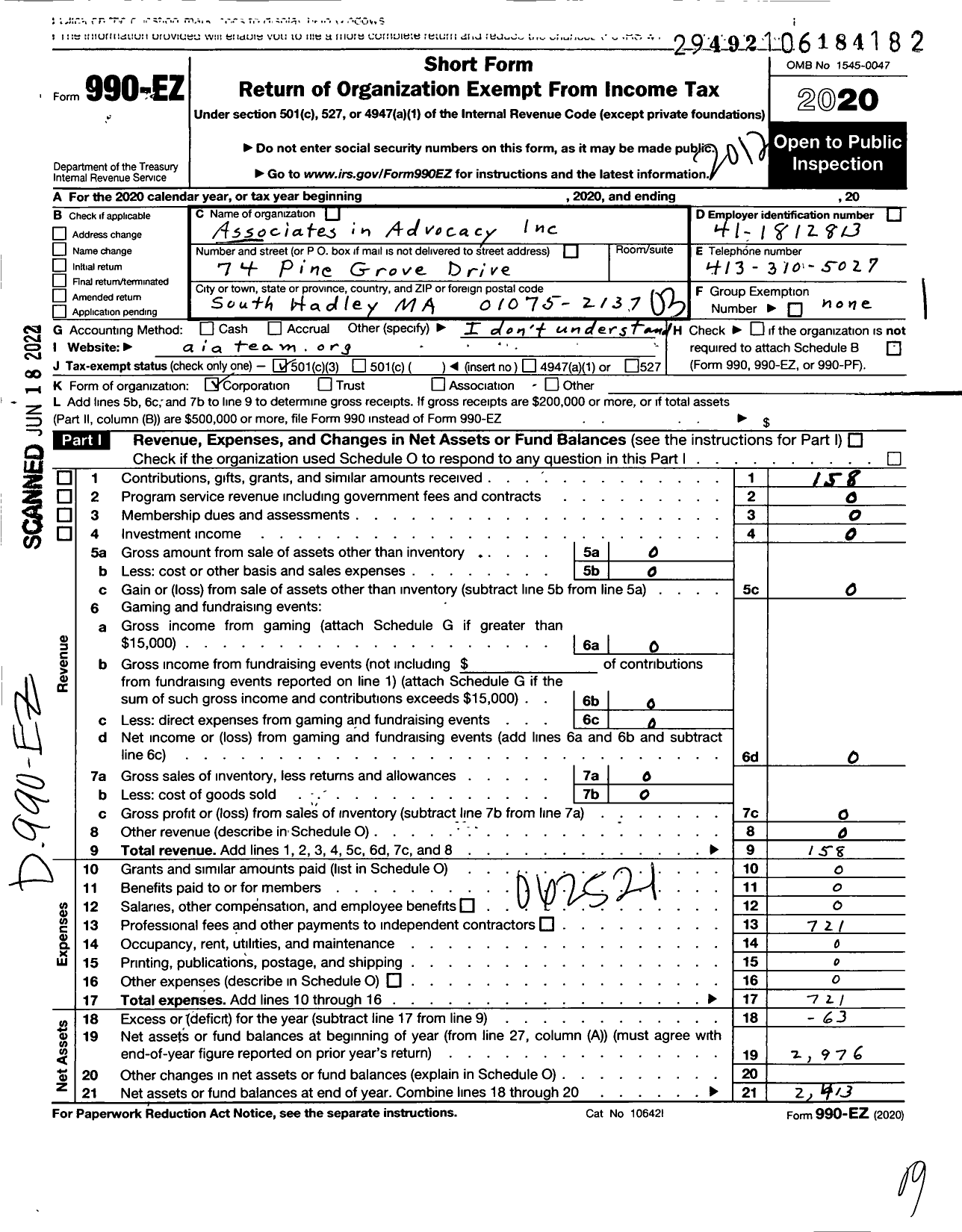 Image of first page of 2020 Form 990EZ for Associates in Advocacy