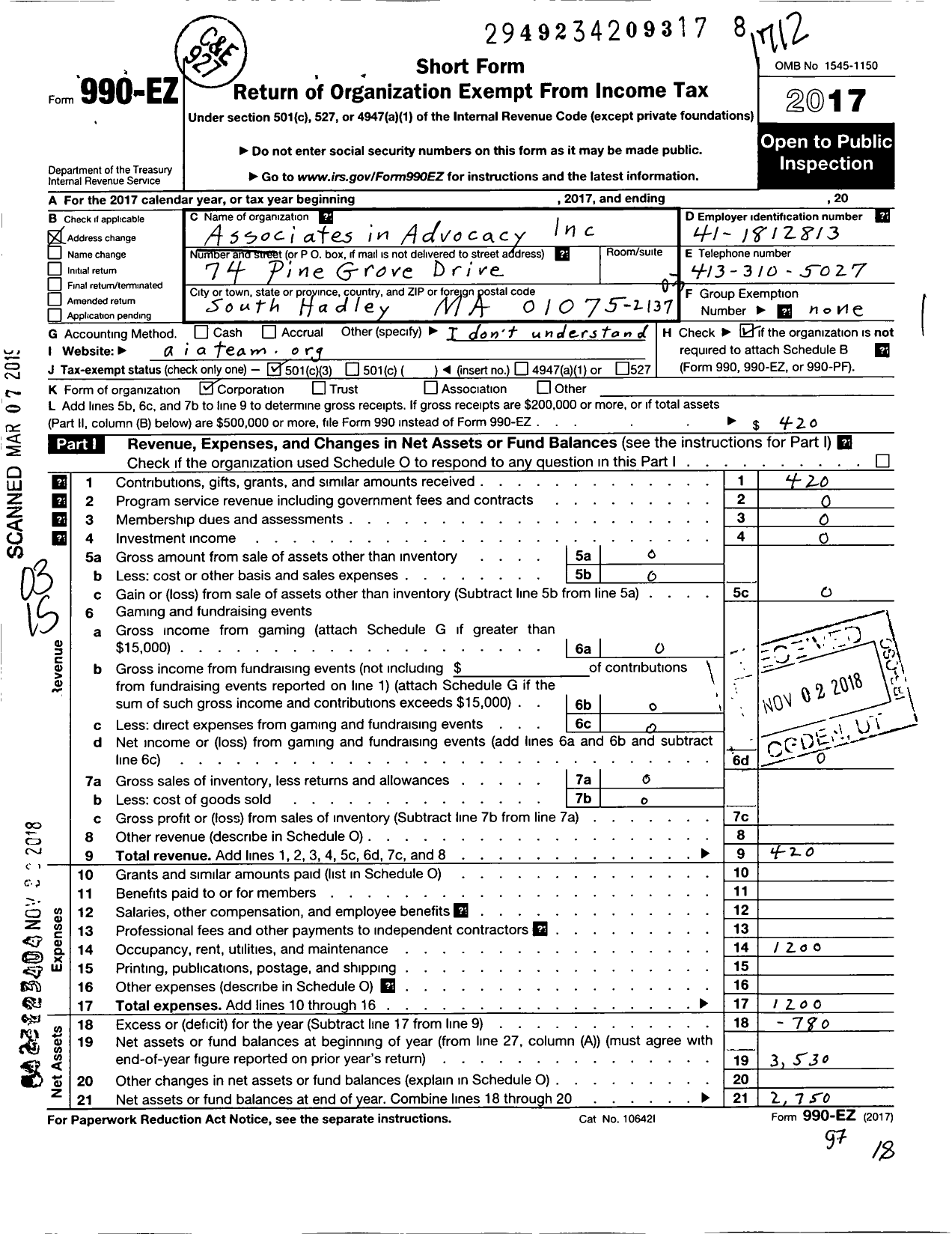 Image of first page of 2017 Form 990EZ for Associates in Advocacy