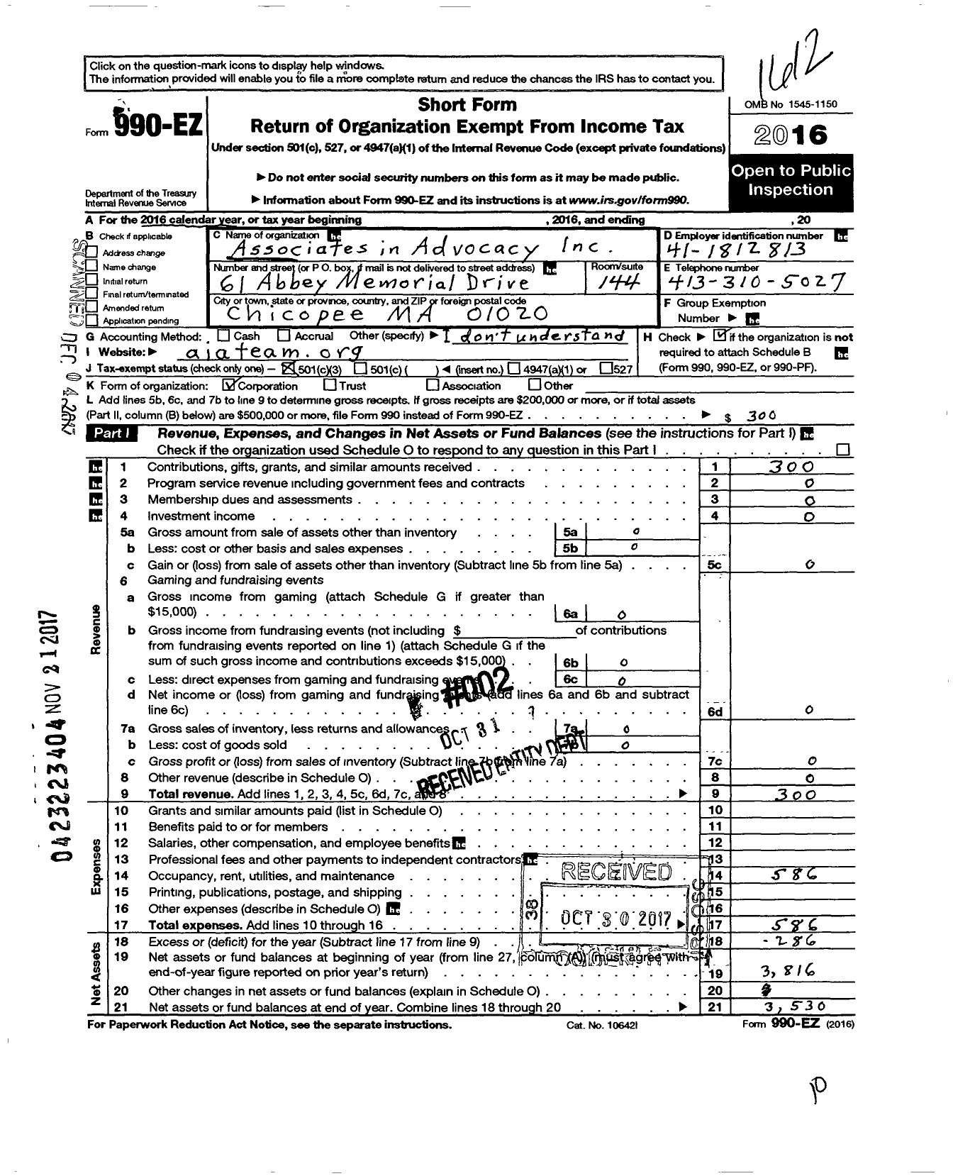 Image of first page of 2016 Form 990EZ for Associates in Advocacy