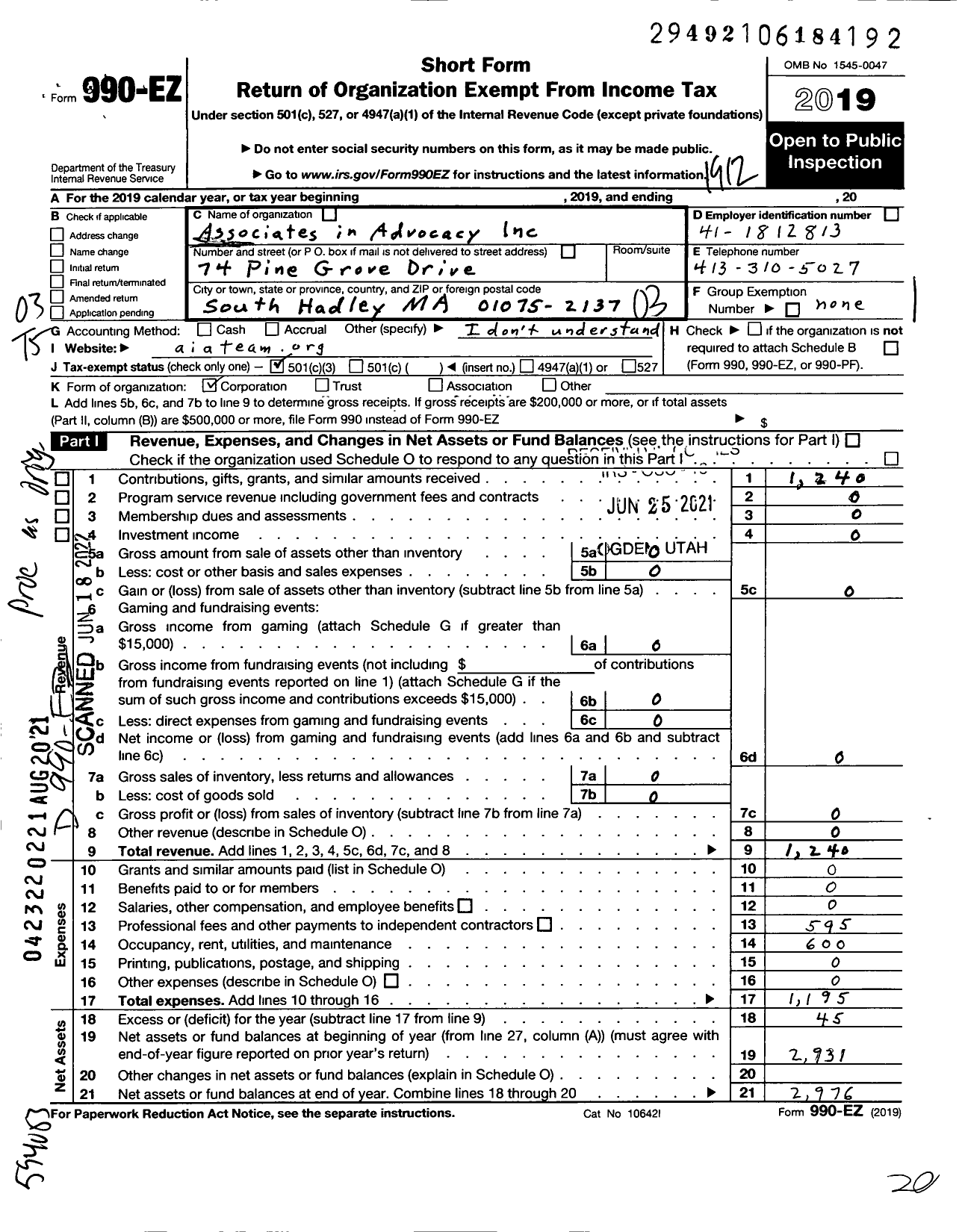 Image of first page of 2019 Form 990EZ for Associates in Advocacy