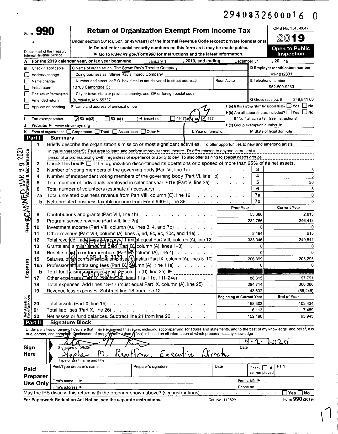 Image of first page of 2019 Form 990 for Stevie Ray's Improv Company