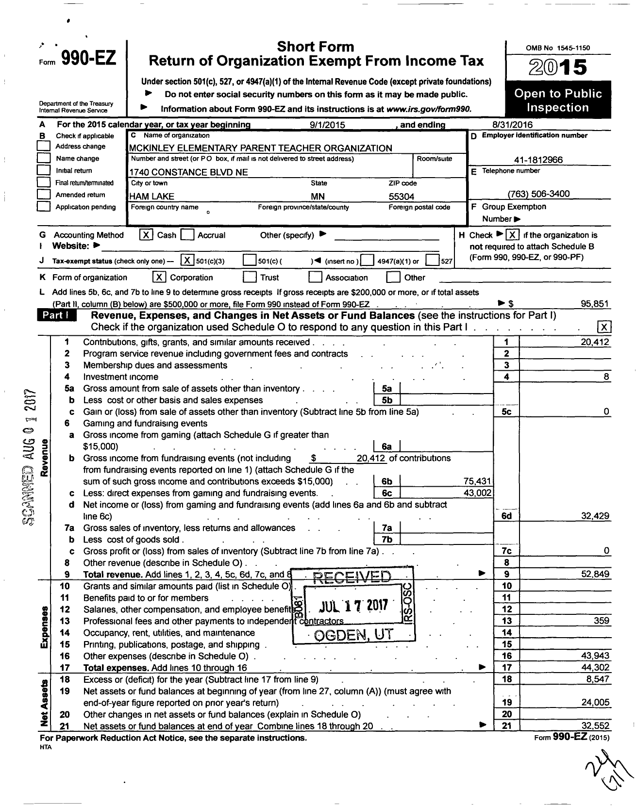 Image of first page of 2015 Form 990EZ for McKinley Parent Teacher Organization