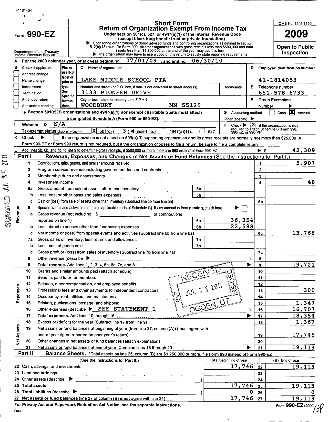 Image of first page of 2009 Form 990EZ for Minnesota Congress of Parents and Teachers / Lake Middle School PTA