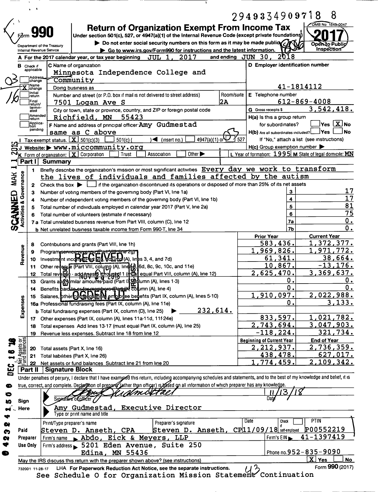 Image of first page of 2017 Form 990 for Minnesota Independence College and Community (MLC)