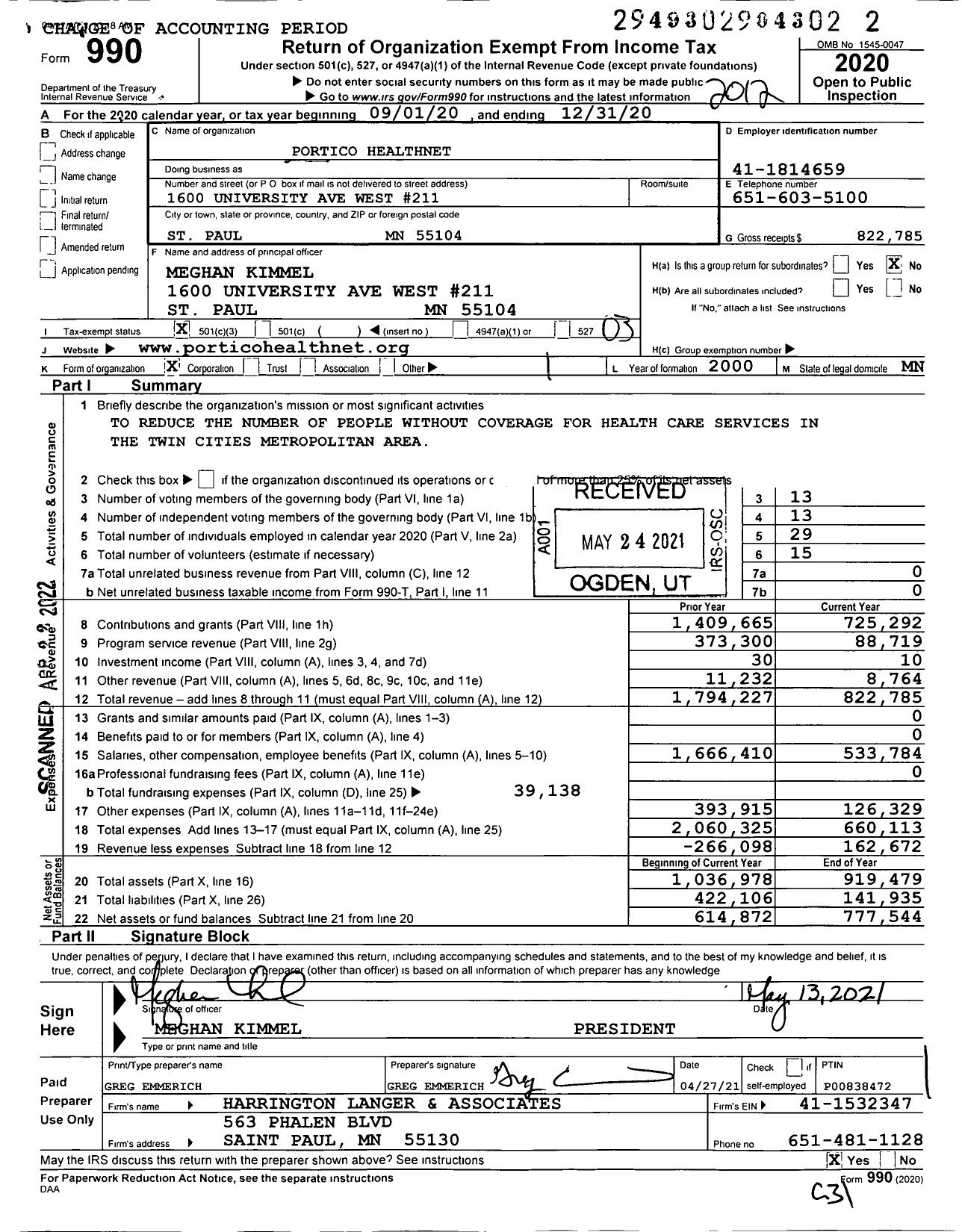 Image of first page of 2020 Form 990 for Portico Healthnet