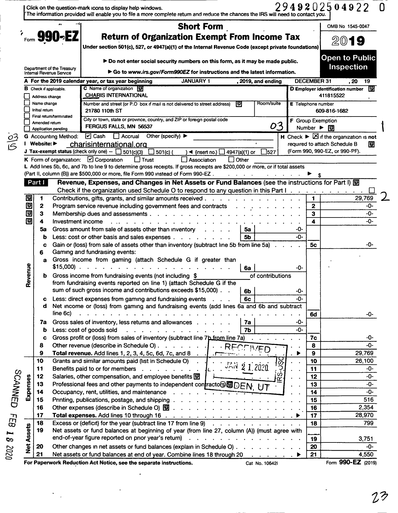 Image of first page of 2019 Form 990EZ for Charis International