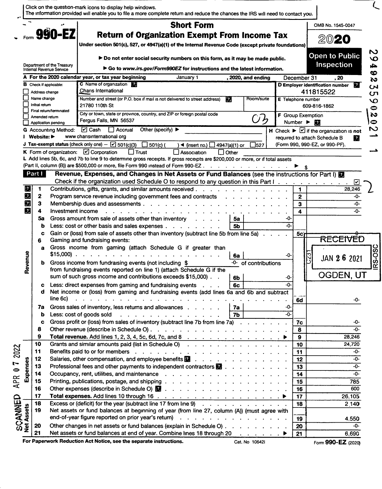 Image of first page of 2020 Form 990EZ for Charis International