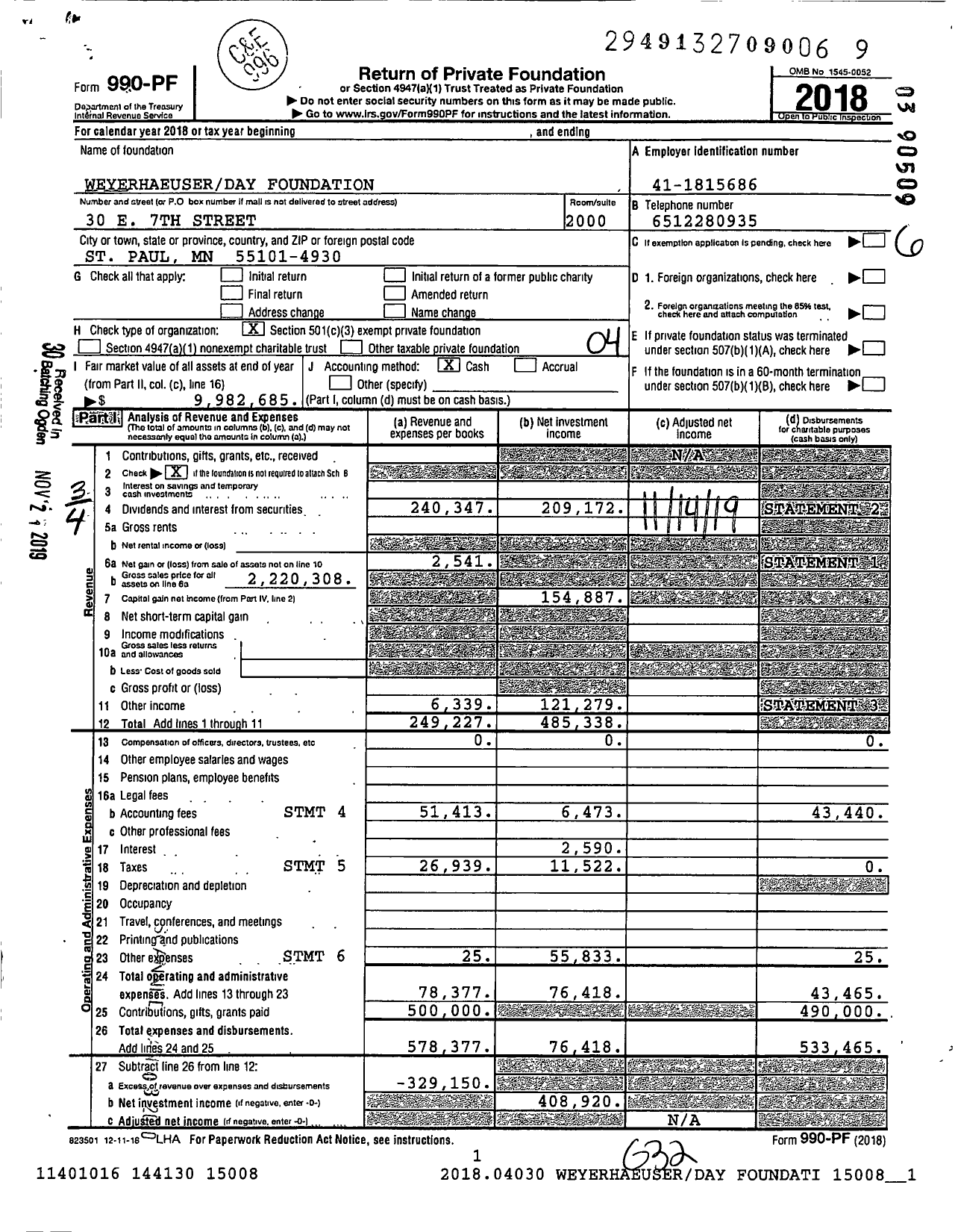 Image of first page of 2018 Form 990PF for Weyerhaeuserday Foundation
