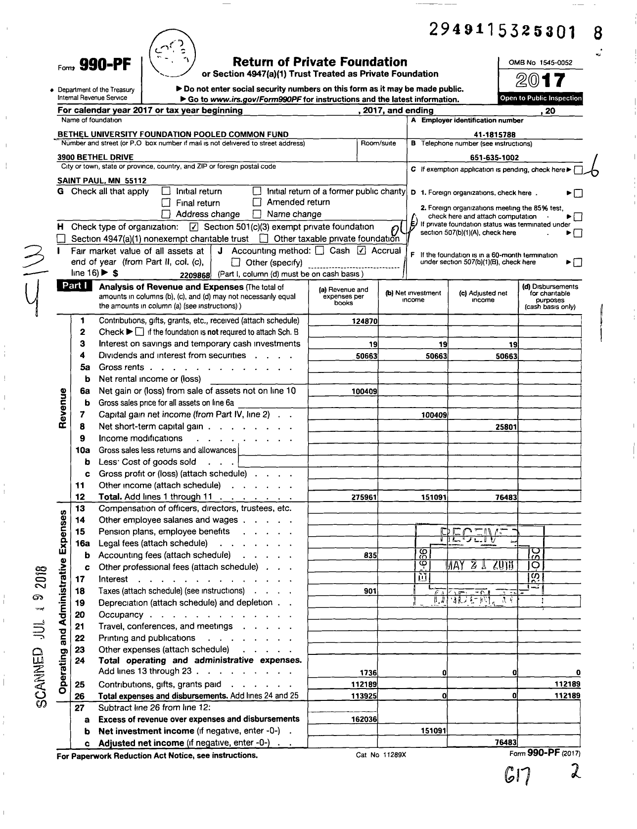 Image of first page of 2017 Form 990PF for Bethel University Foundation Pooled Common Fund