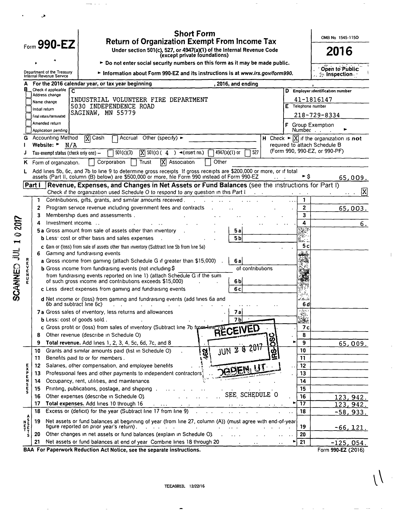 Image of first page of 2016 Form 990EO for Industrial Volunteer Fire Department