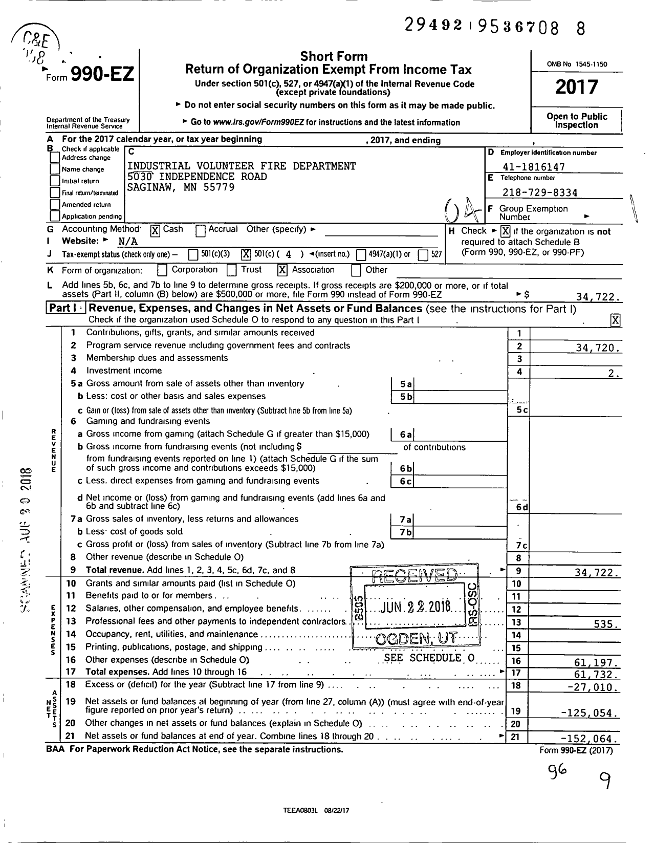 Image of first page of 2017 Form 990EO for Industrial Volunteer Fire Department