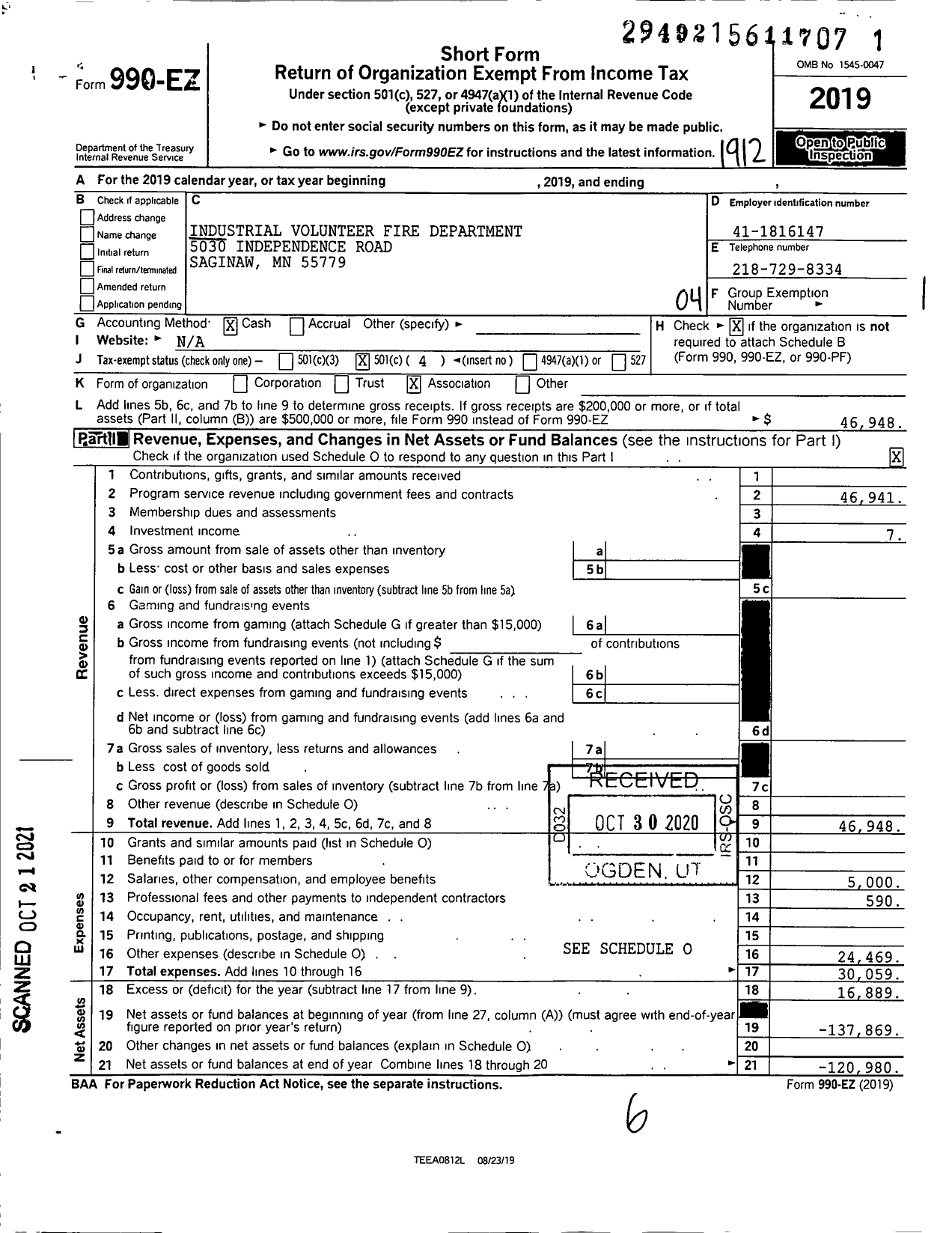 Image of first page of 2019 Form 990EO for Industrial Volunteer Fire Department