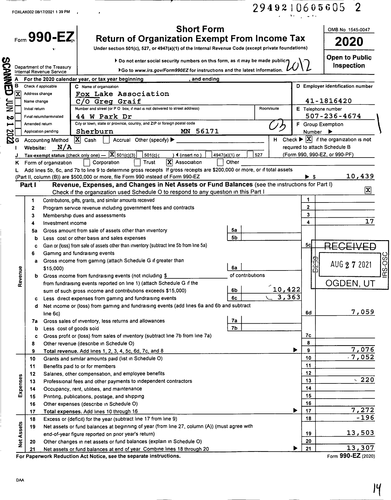 Image of first page of 2020 Form 990EZ for Fox Lake Association