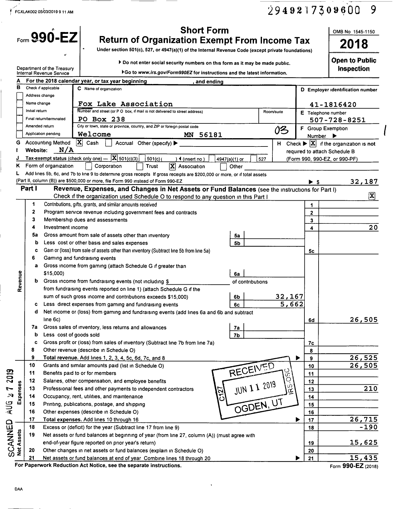 Image of first page of 2018 Form 990EZ for Fox Lake Association