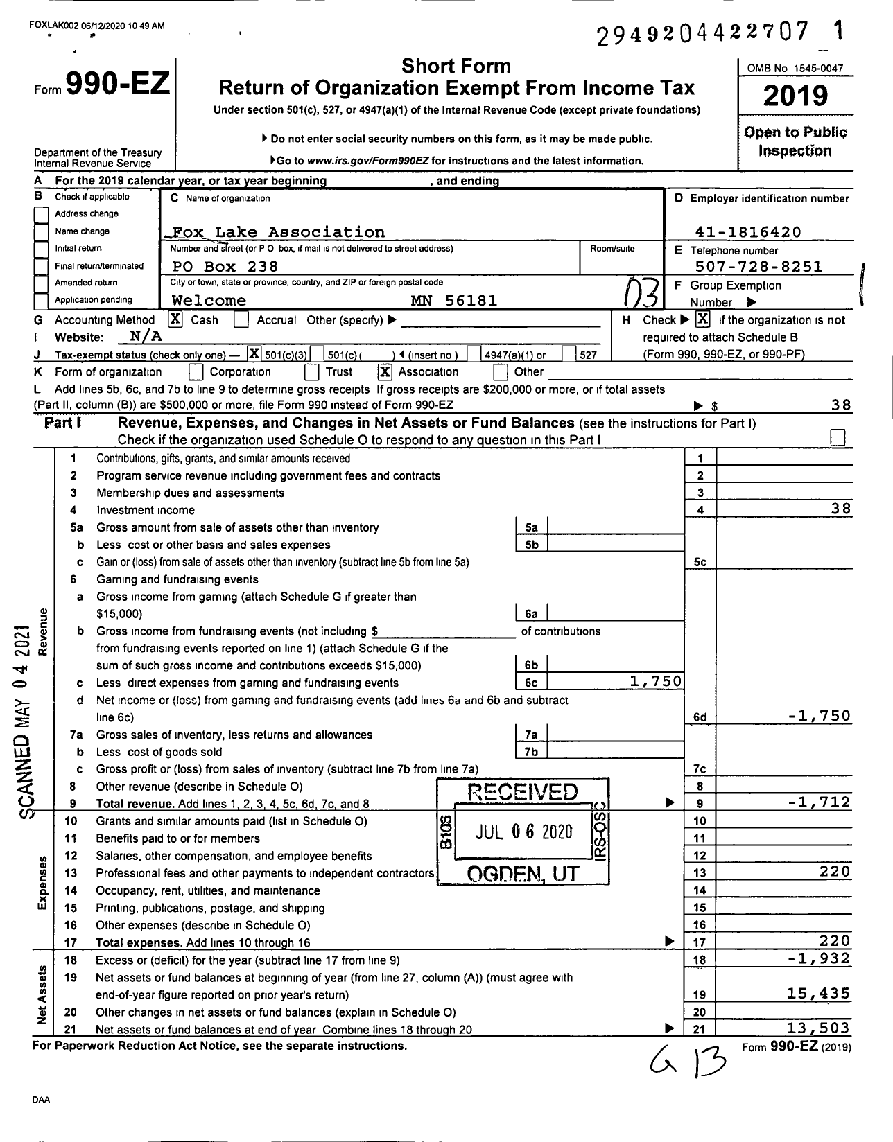 Image of first page of 2019 Form 990EZ for Fox Lake Association