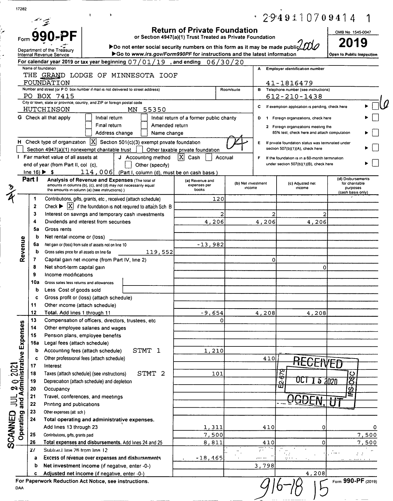 Image of first page of 2019 Form 990PF for The Grand Lodge of Minnesota Ioof Foundation