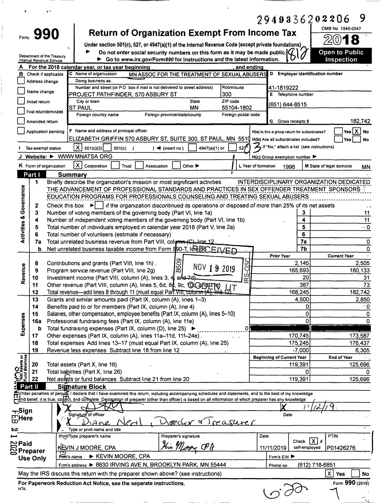 Image of first page of 2018 Form 990 for Minnesota Association for the Treatment of Sexual Abusers