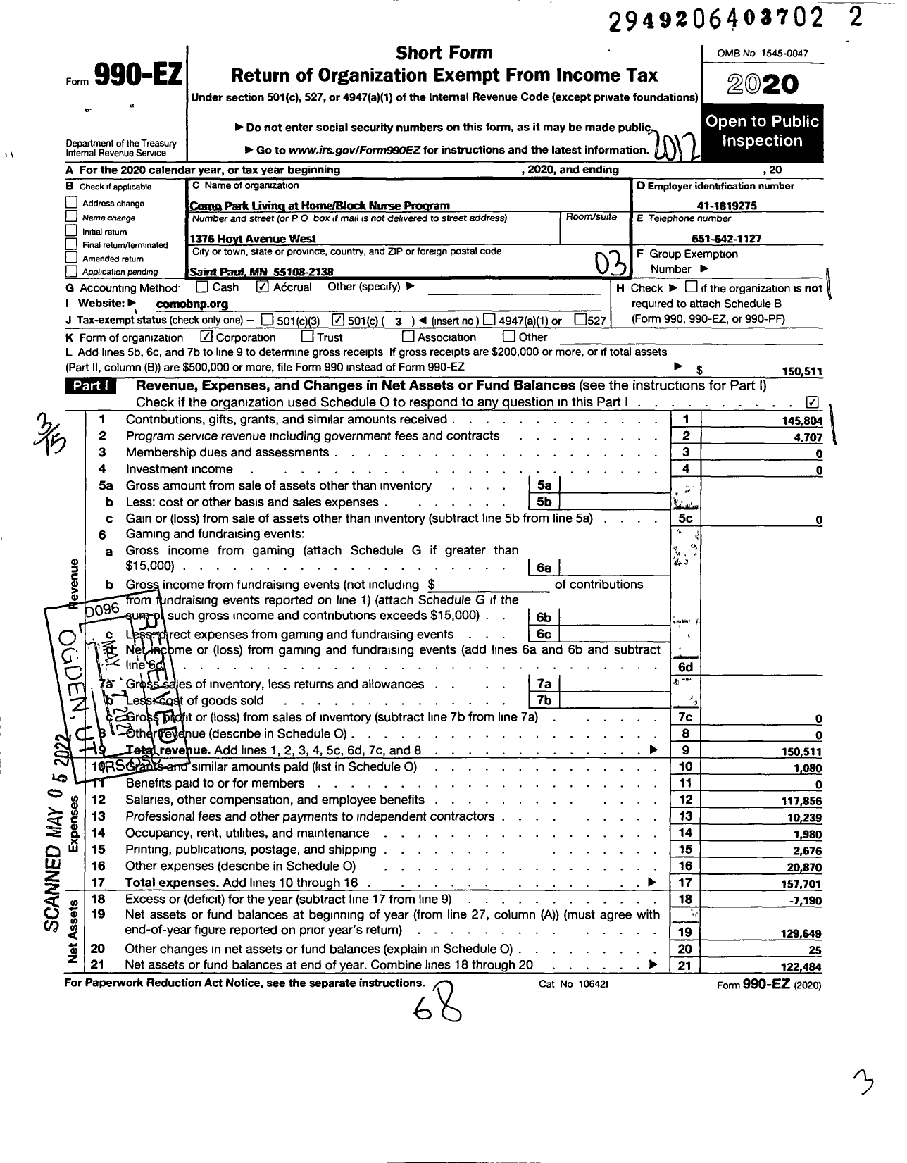 Image of first page of 2020 Form 990EZ for ComoConnects