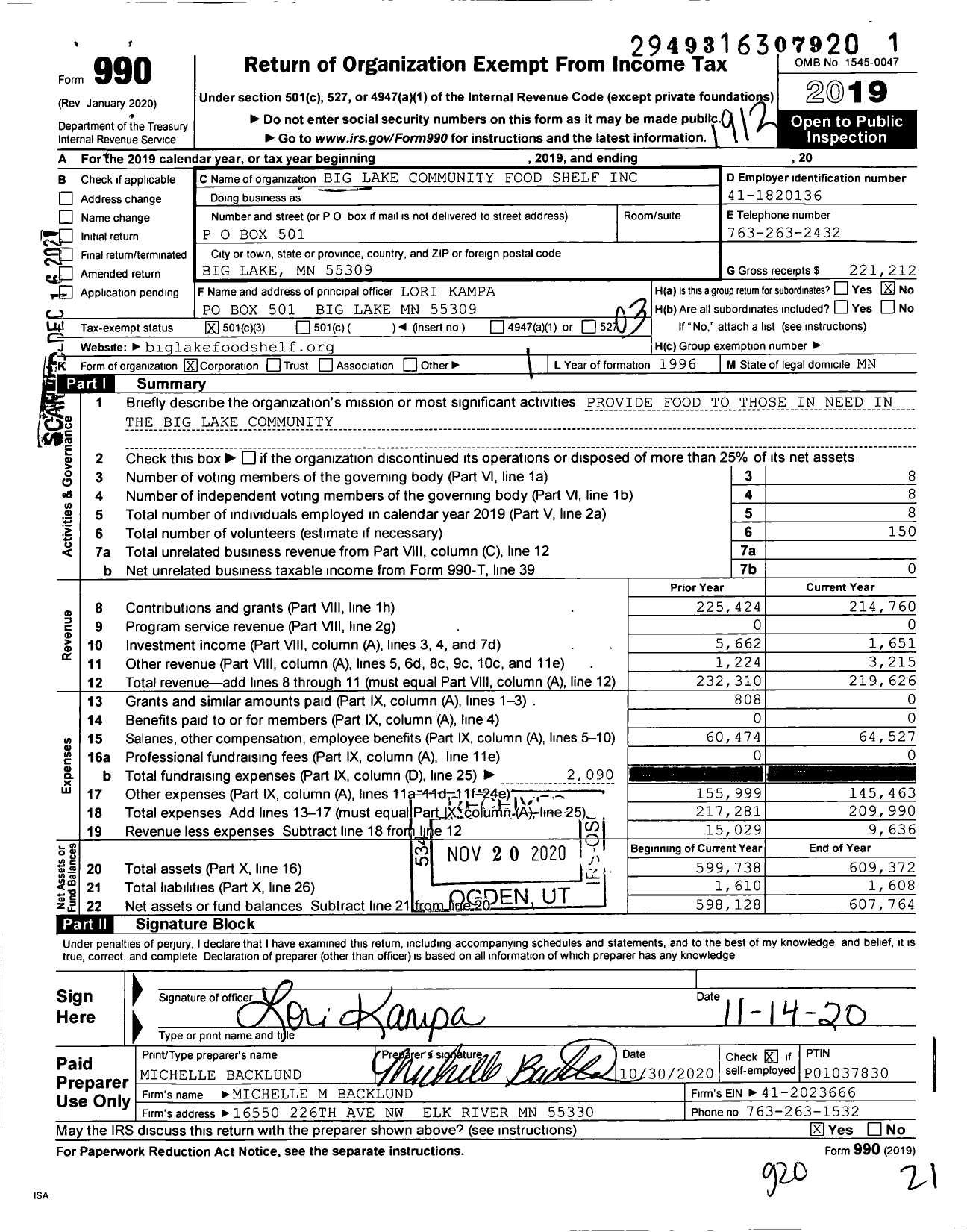 Image of first page of 2019 Form 990 for Big Lake Community Food Shelf