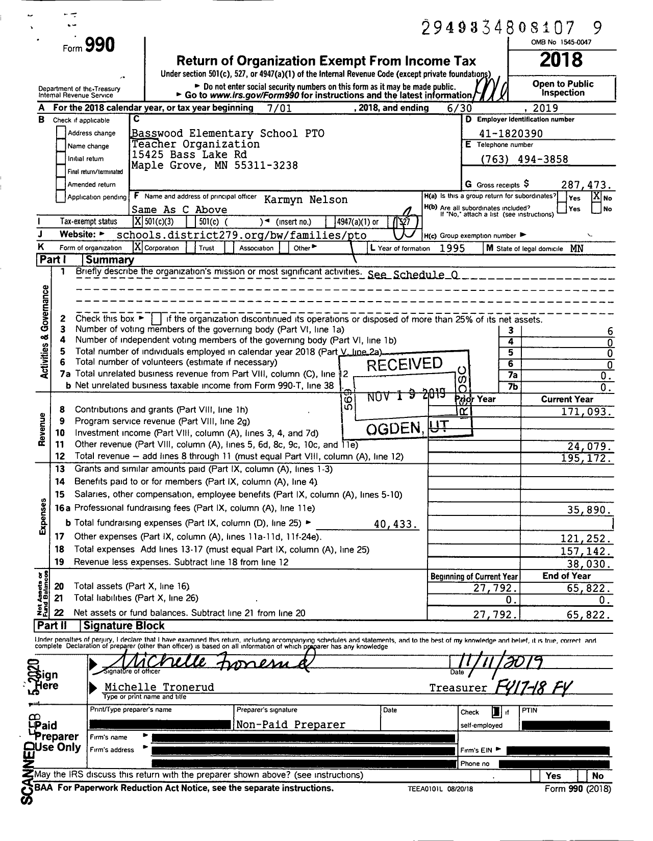 Image of first page of 2018 Form 990 for Basswood Elementary School PTO